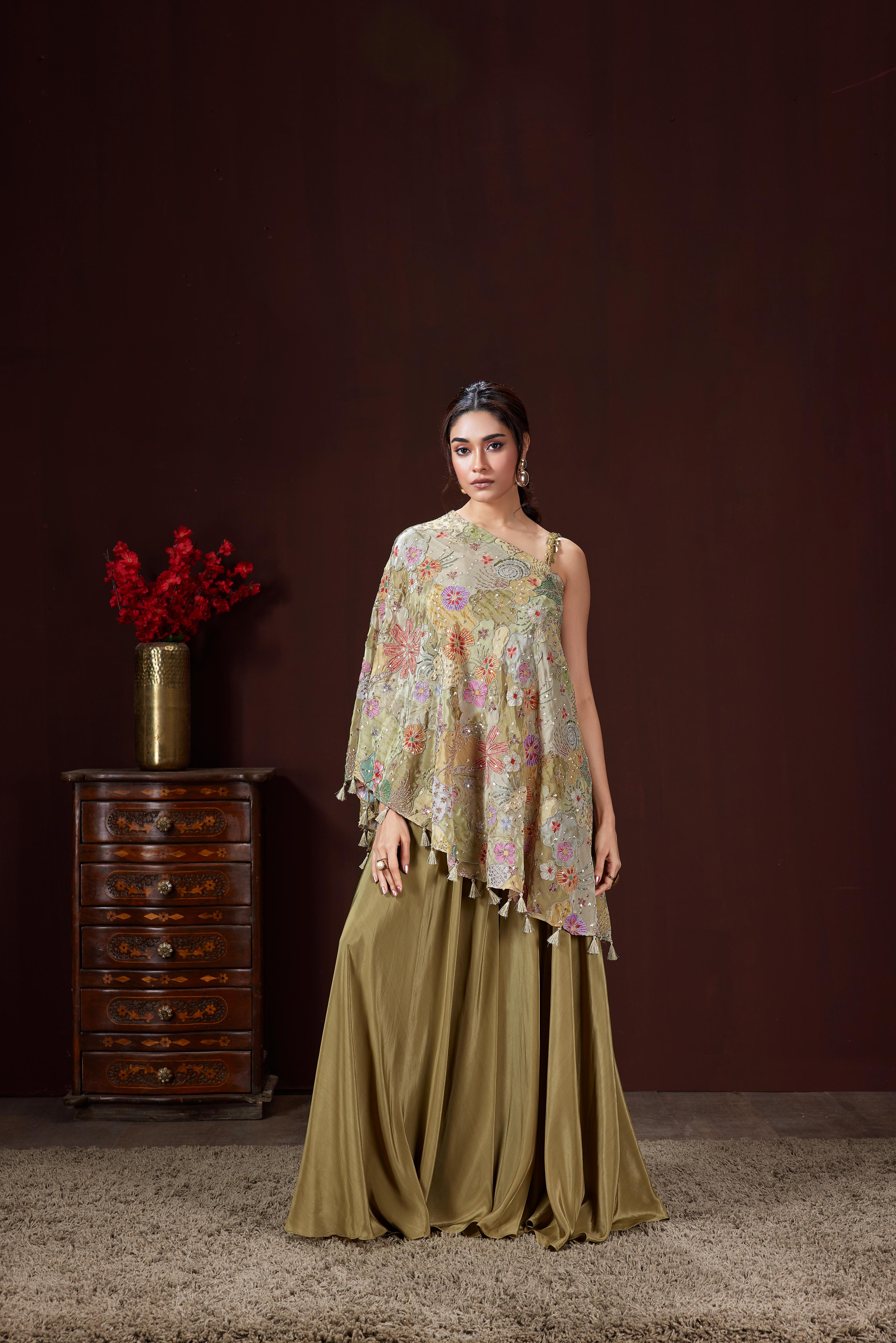 Moss Green Embellished Crepe Silk Palazzo Set