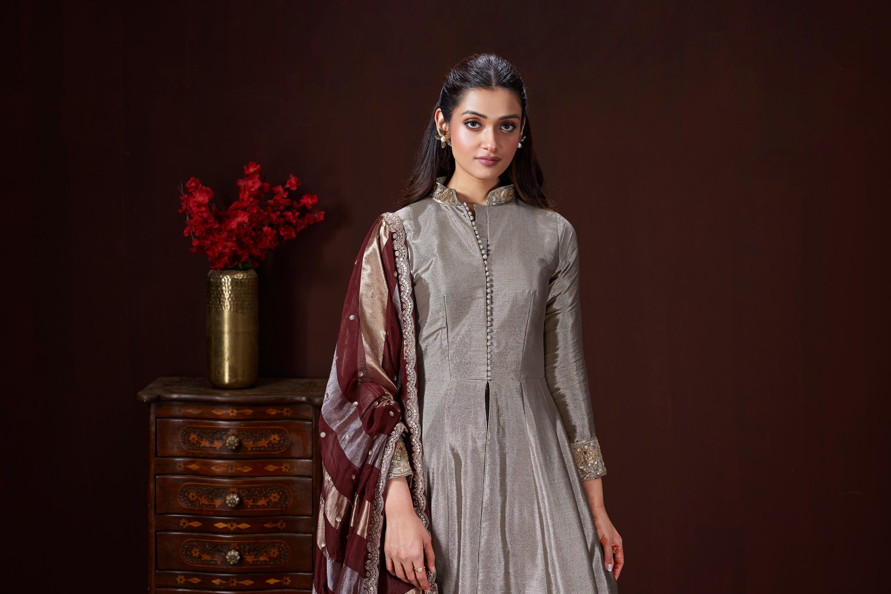 Light Grey Embellished Shimmer Raw Silk Anarkali Set