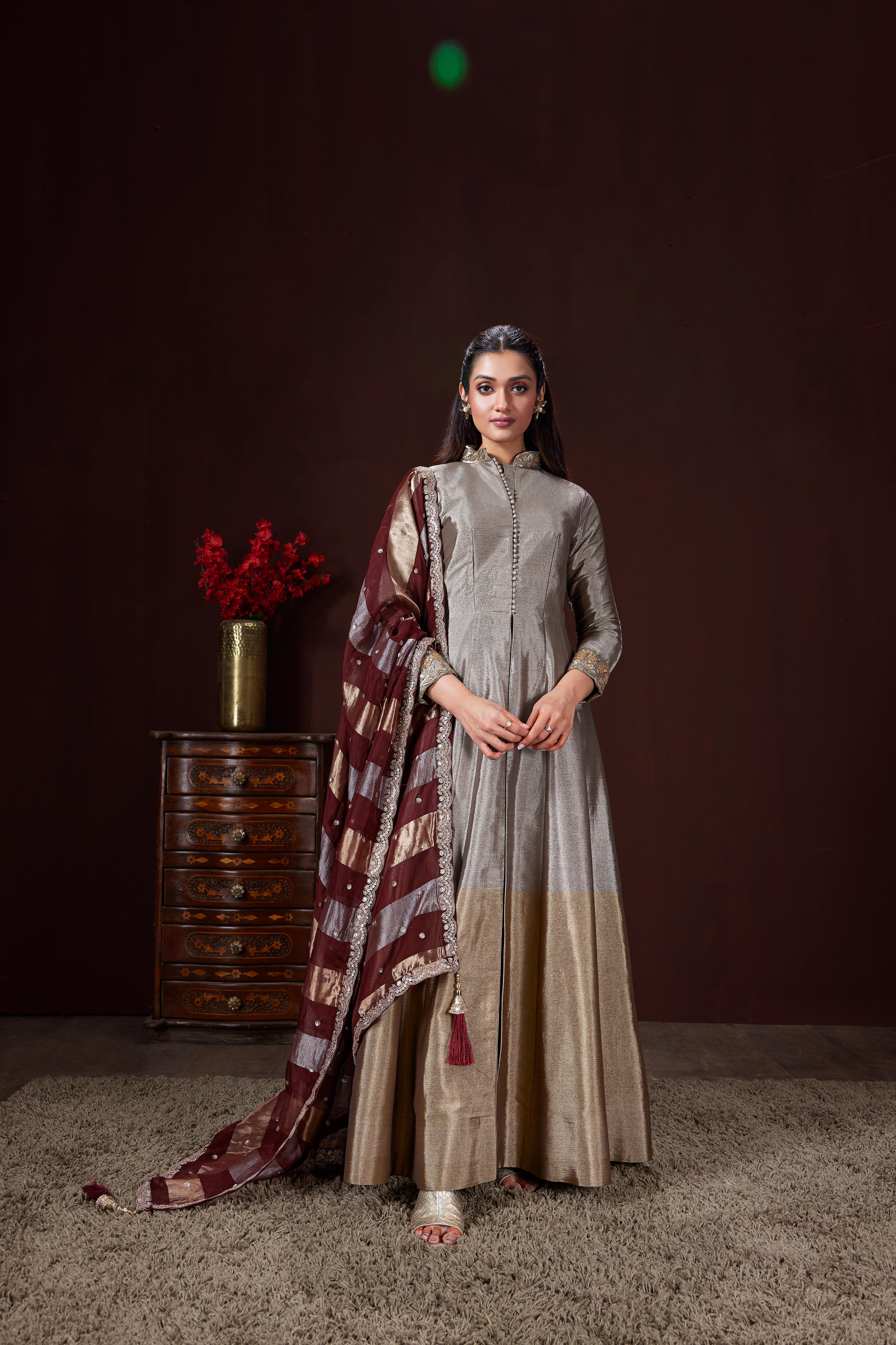 Light Grey Embellished Shimmer Raw Silk Anarkali Set