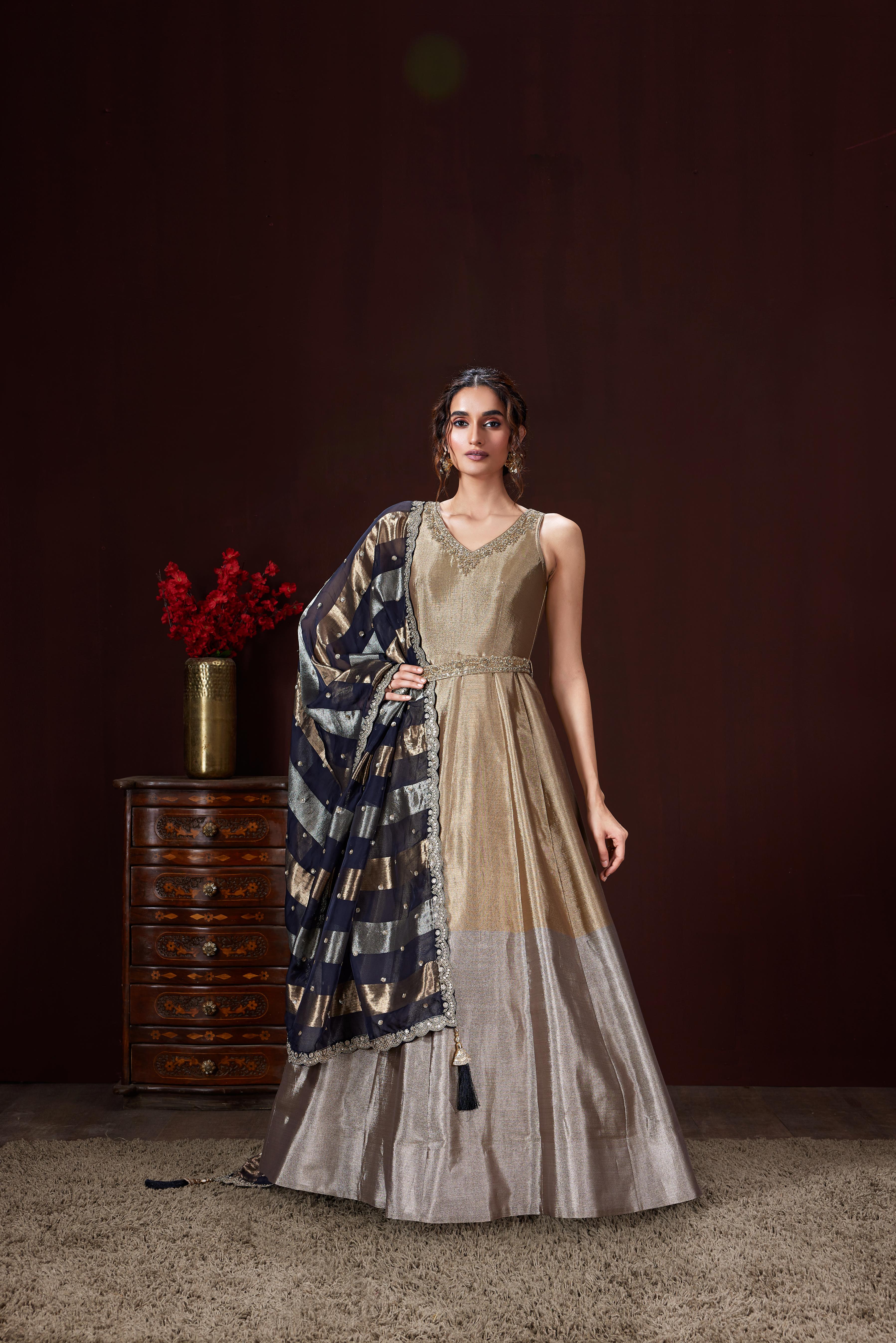 Champagne Gold Embellished Shimmer Raw Silk Anarkali Set
