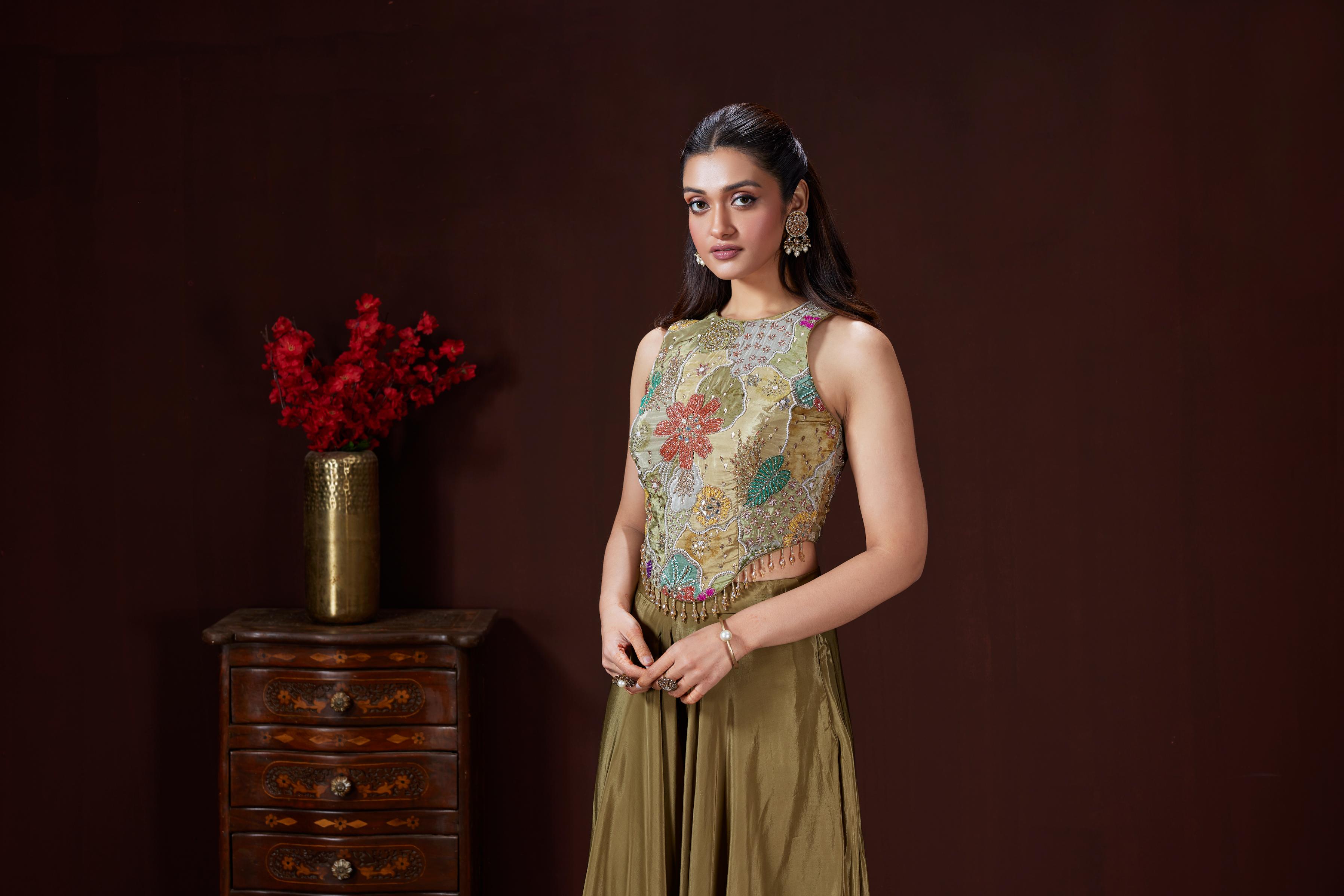 Khaki Green Embellished Satin Silk Palazzo Set