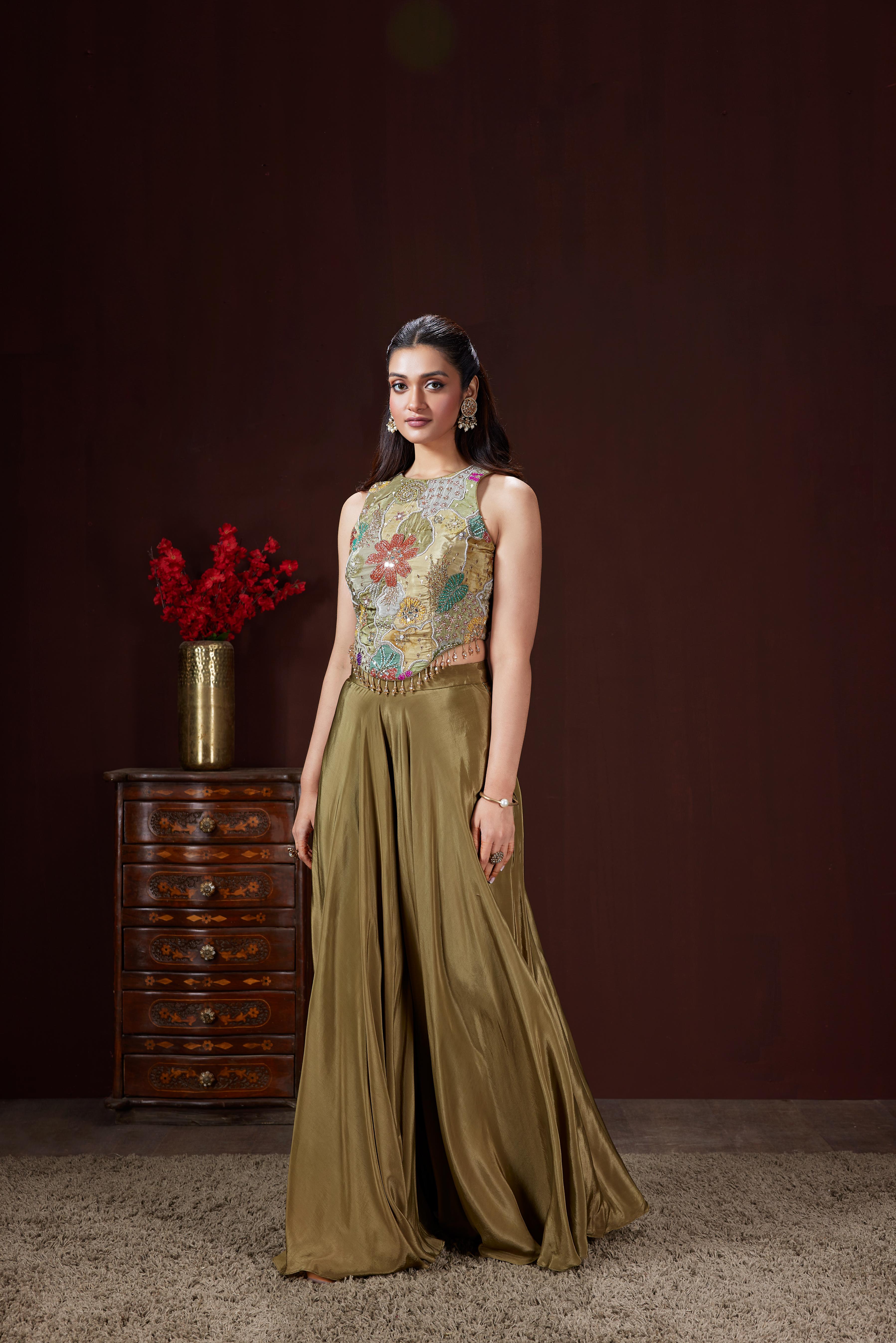 Khaki Green Embellished Satin Silk Palazzo Set
