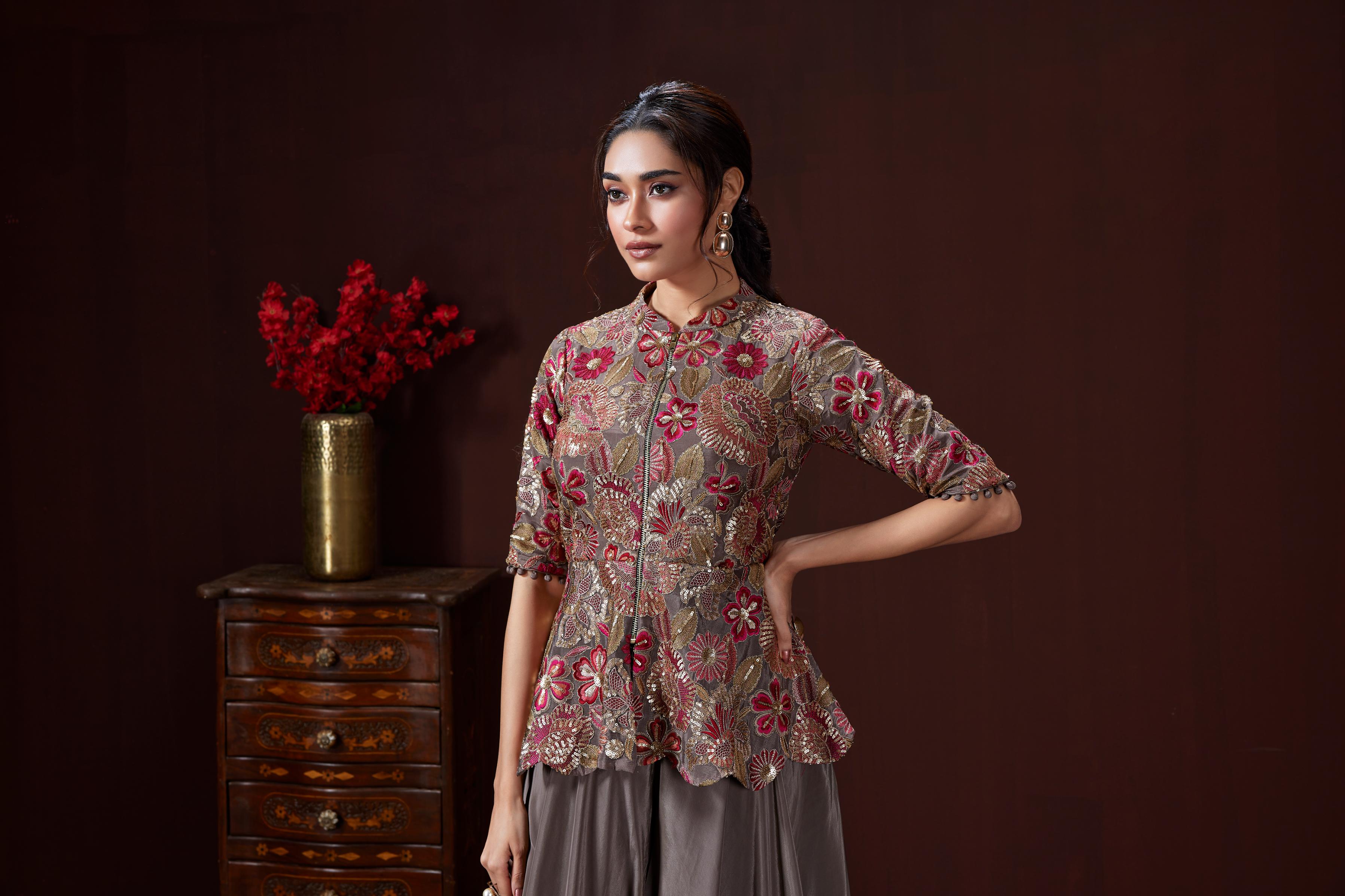 Dusty Brown Embellished Crepe Silk Palazzo Set