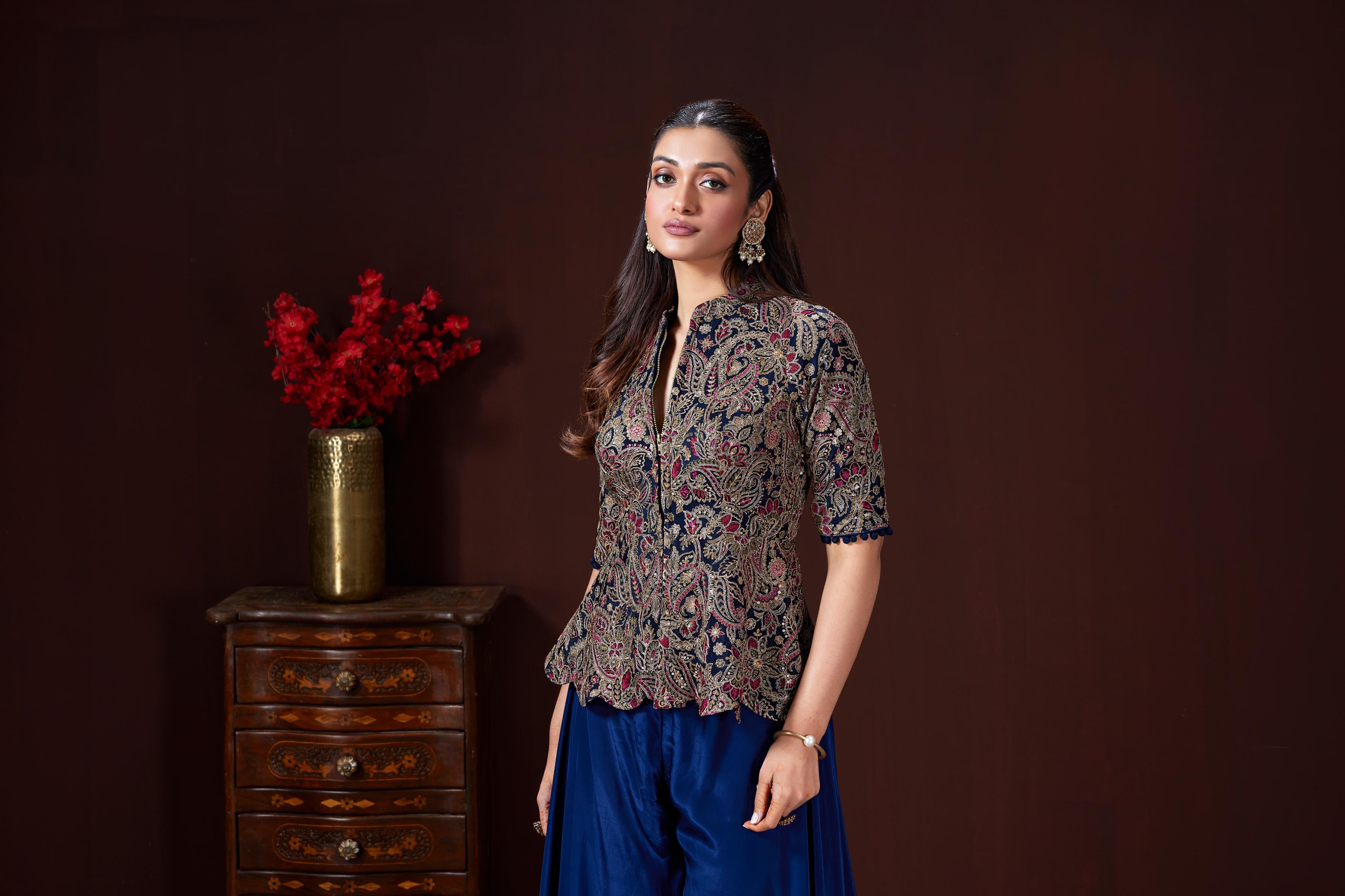 Dark Blue Embellished Crepe Silk Palazzo Set