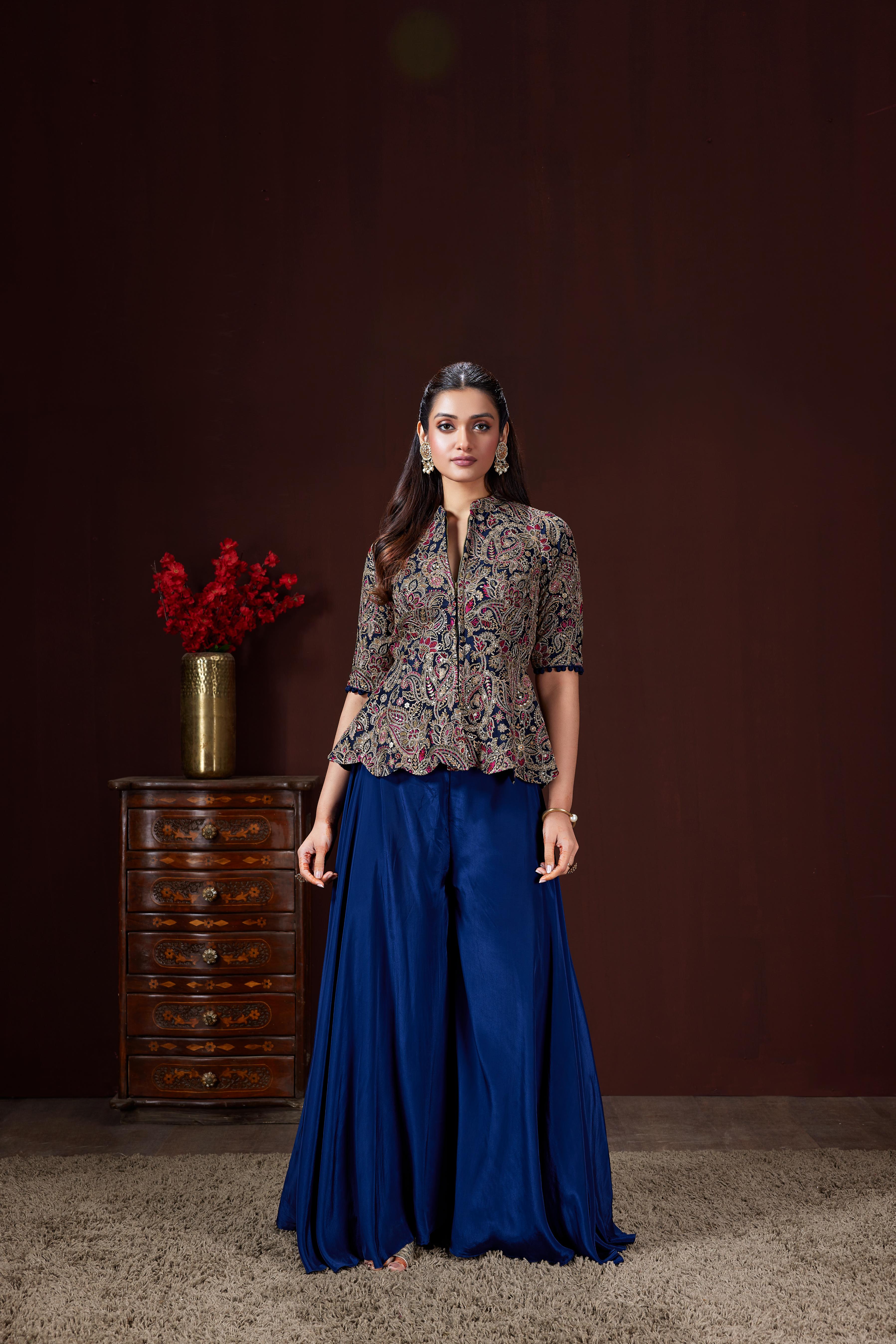 Dark Blue Embellished Crepe Silk Palazzo Set