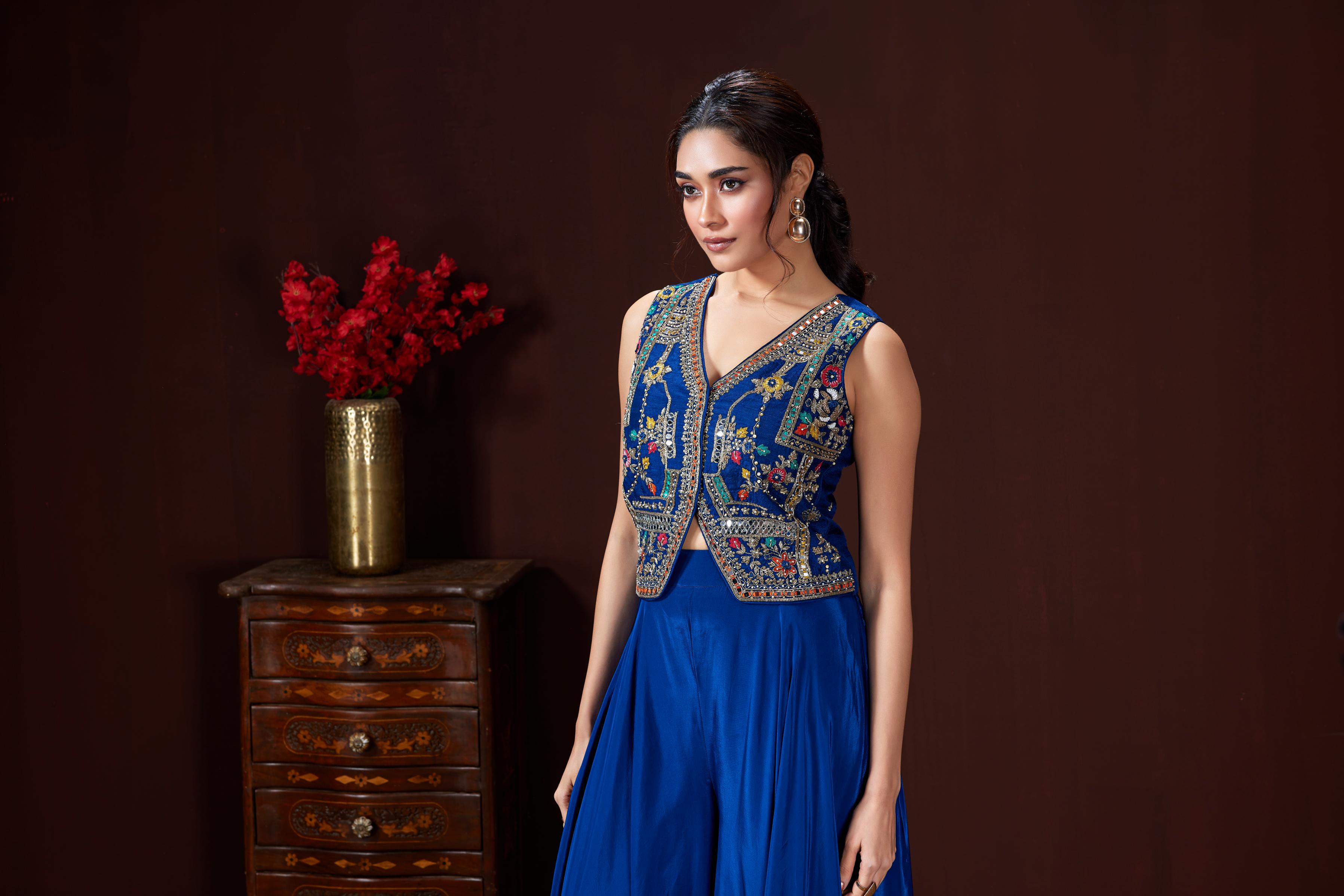 Vibrant Blue Embellished Crepe Silk Palazzo Set