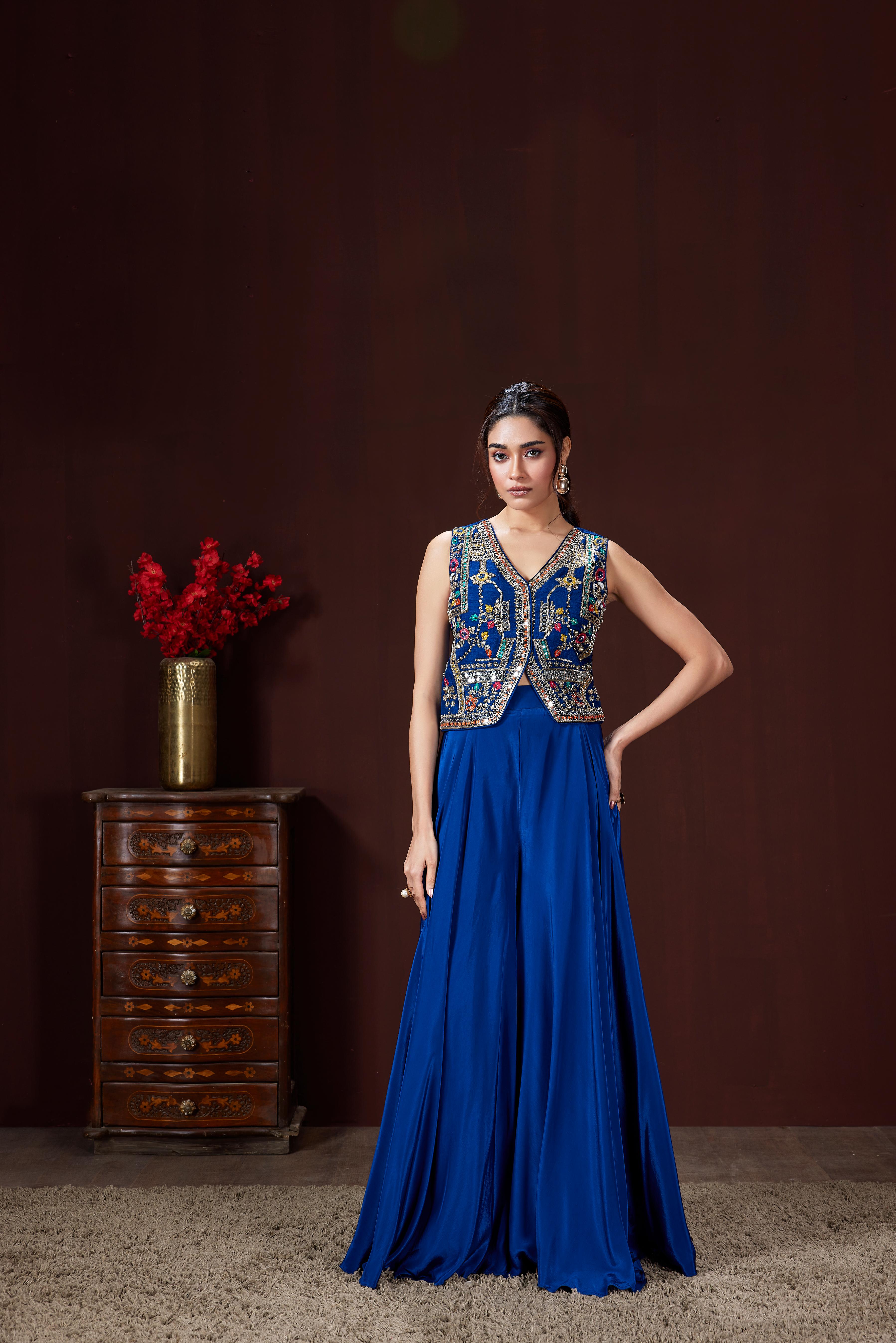 Vibrant Blue Embellished Crepe Silk Palazzo Set