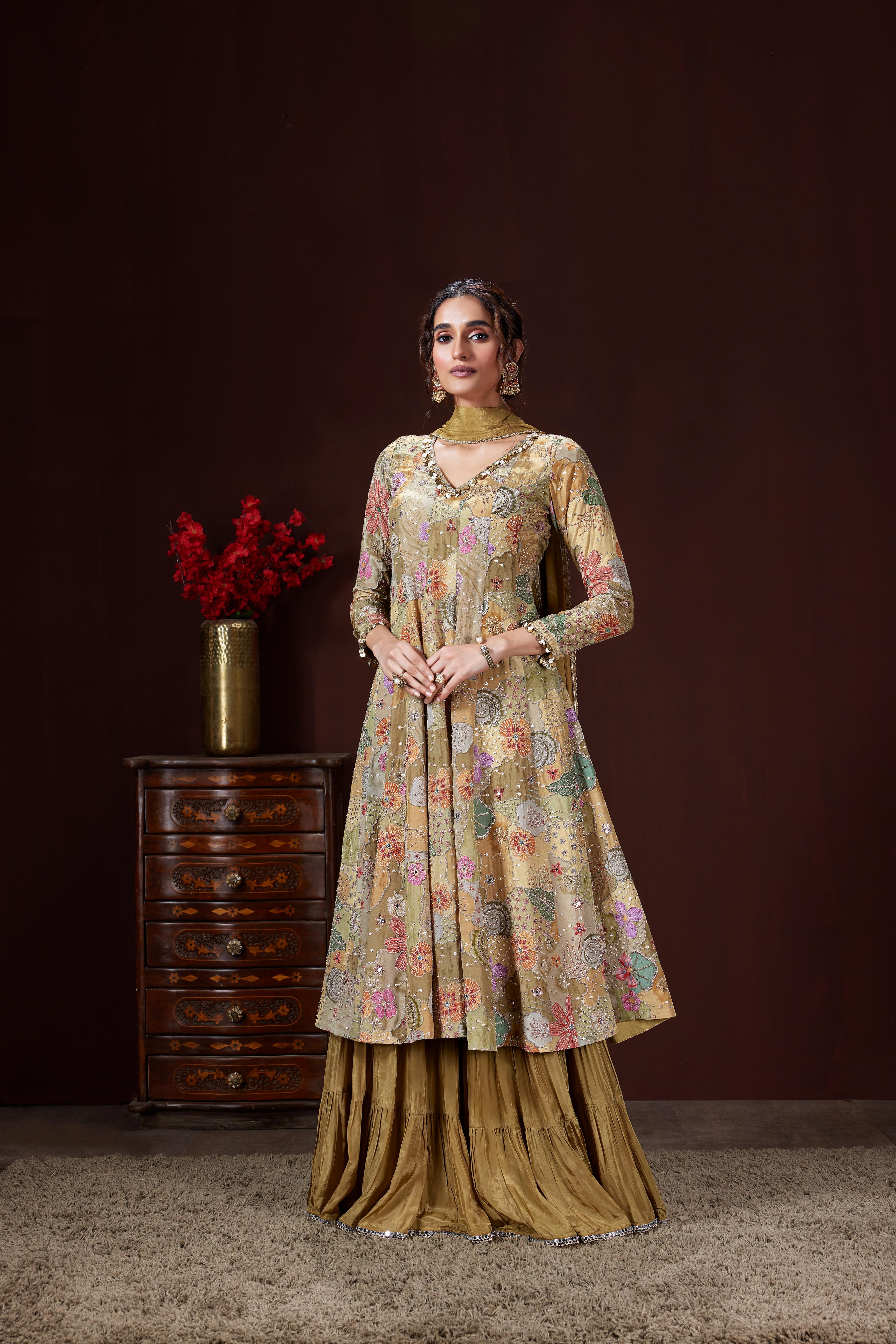 Sage Green Embellished Crepe Silk Sharara Set
