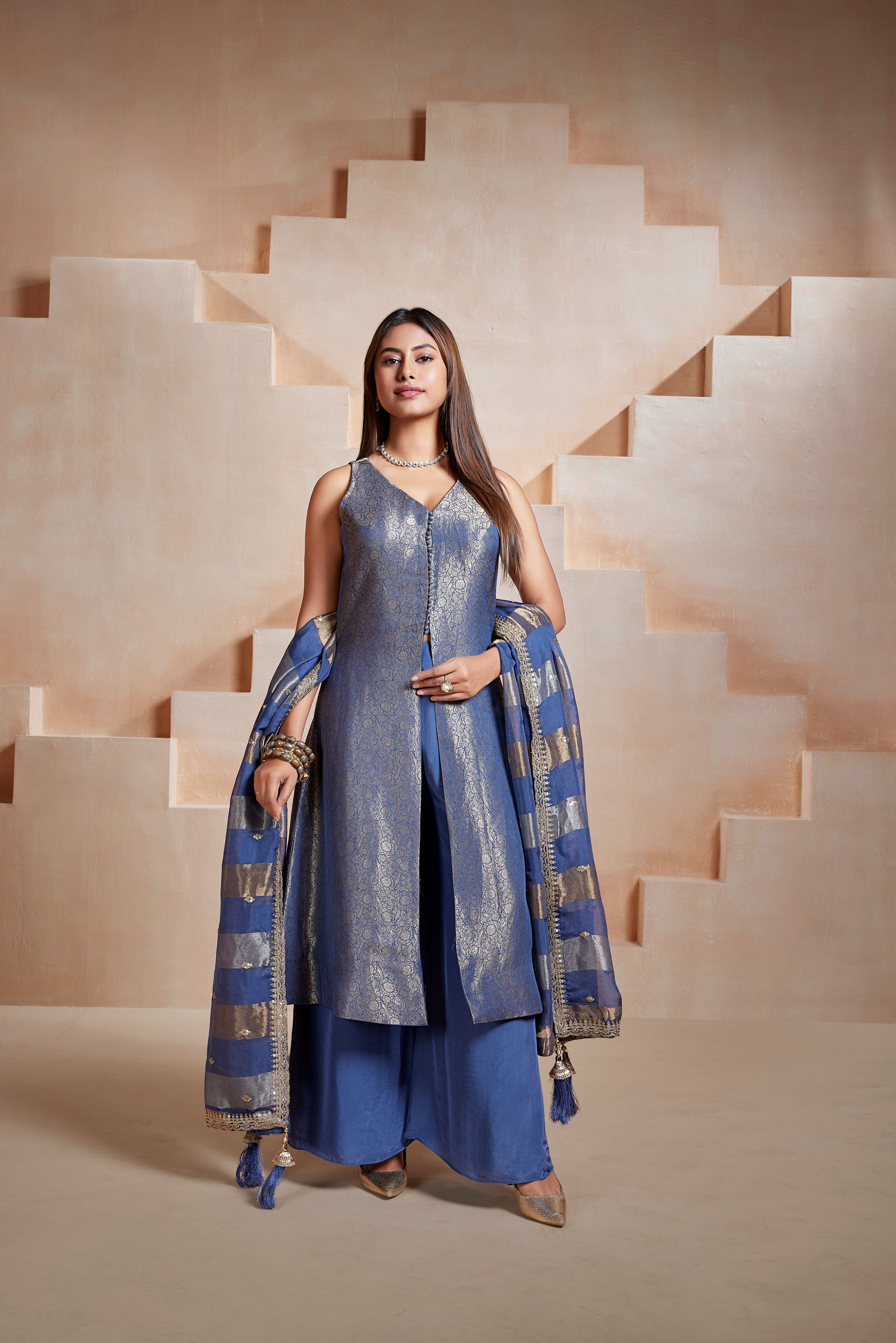 Royal Indigo Embellished Banarasi Silk Palazzo Set