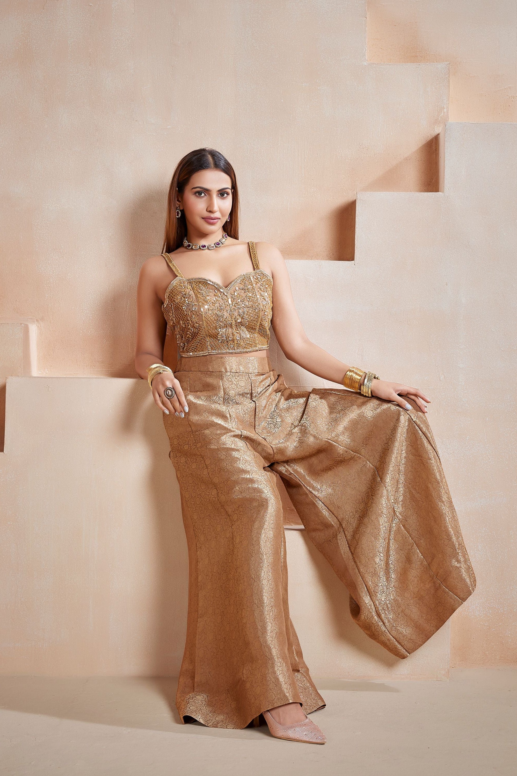 Bronze Glam Embellished Banarasi Silk Palazzo Set