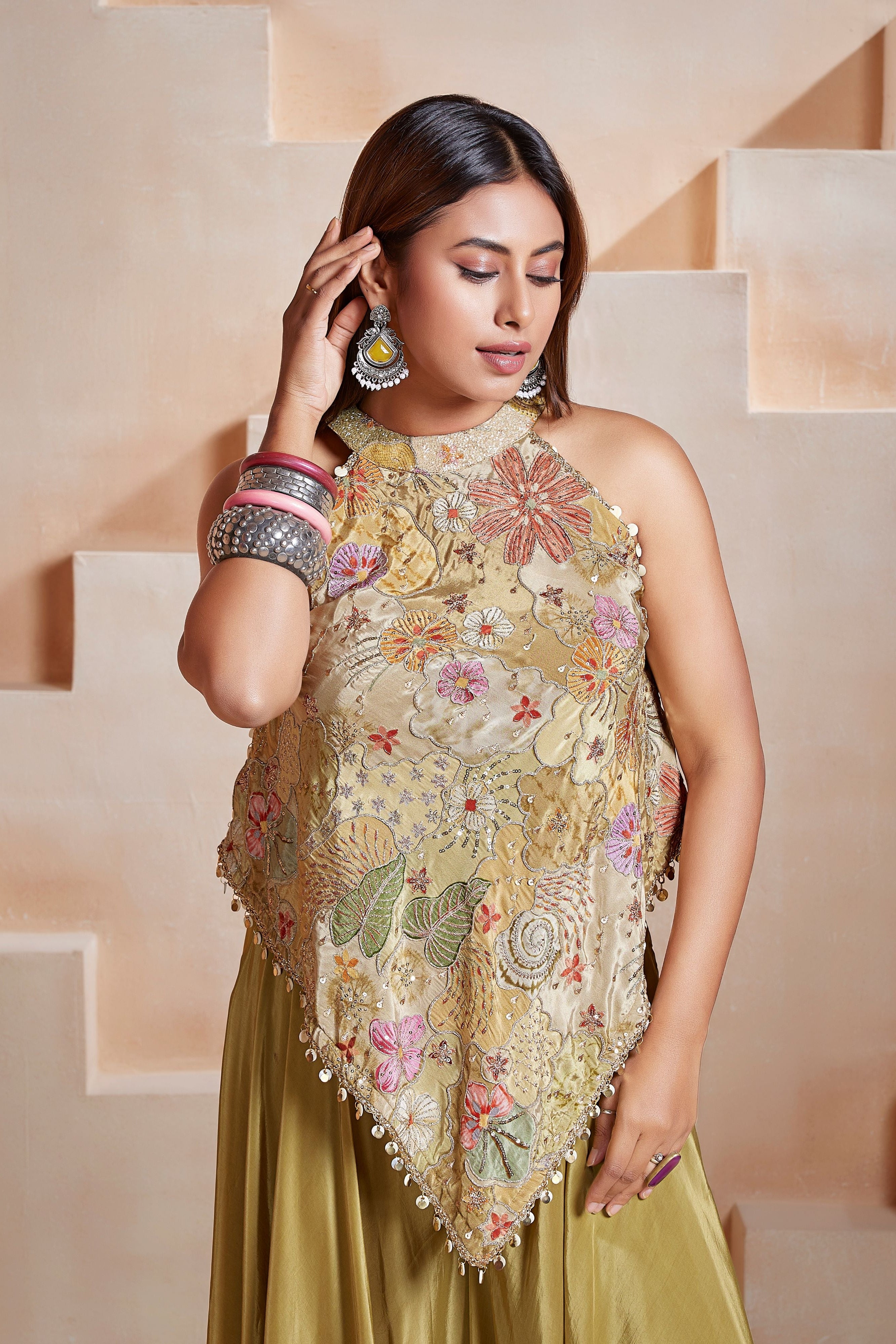 Olive Blossom Embellished Crepe Silk Palazzo Set