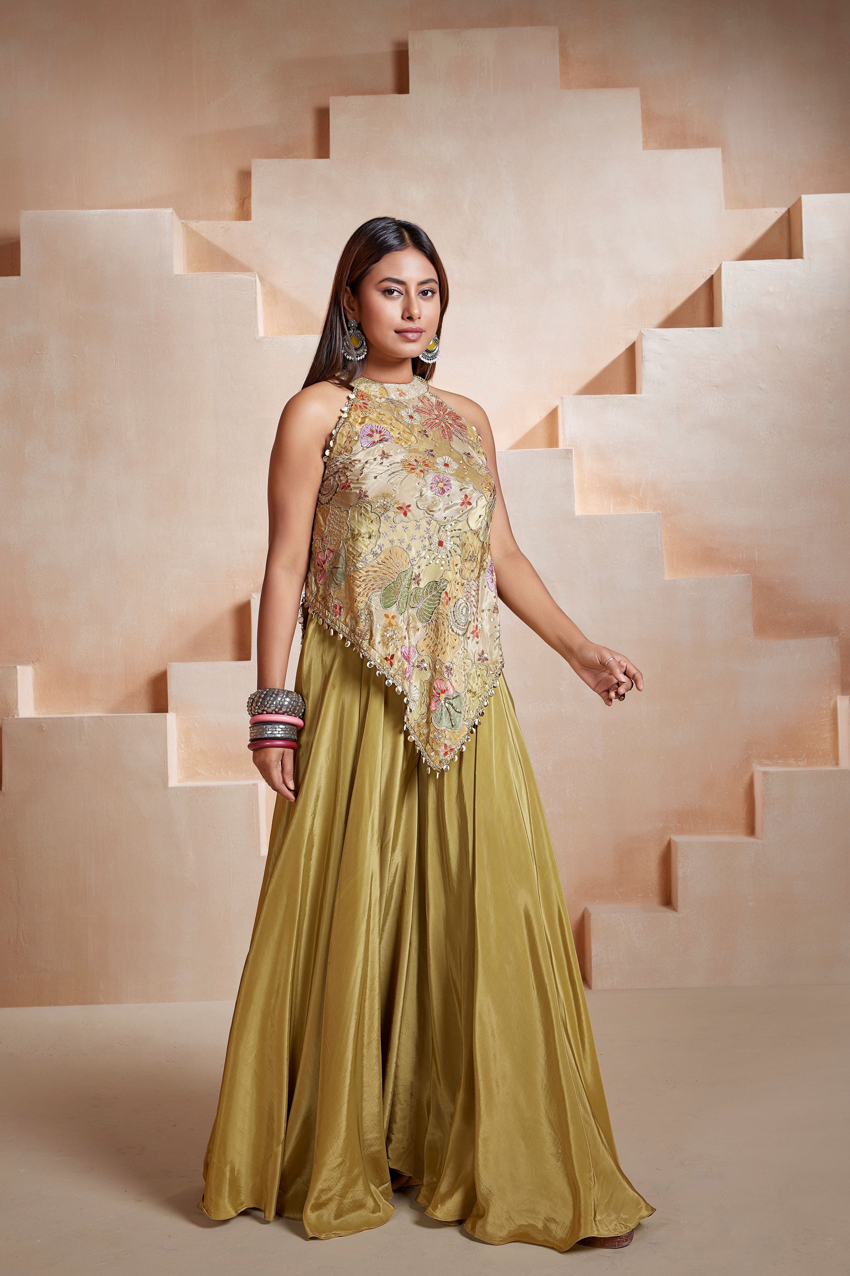 Olive Blossom Embellished Crepe Silk Palazzo Set