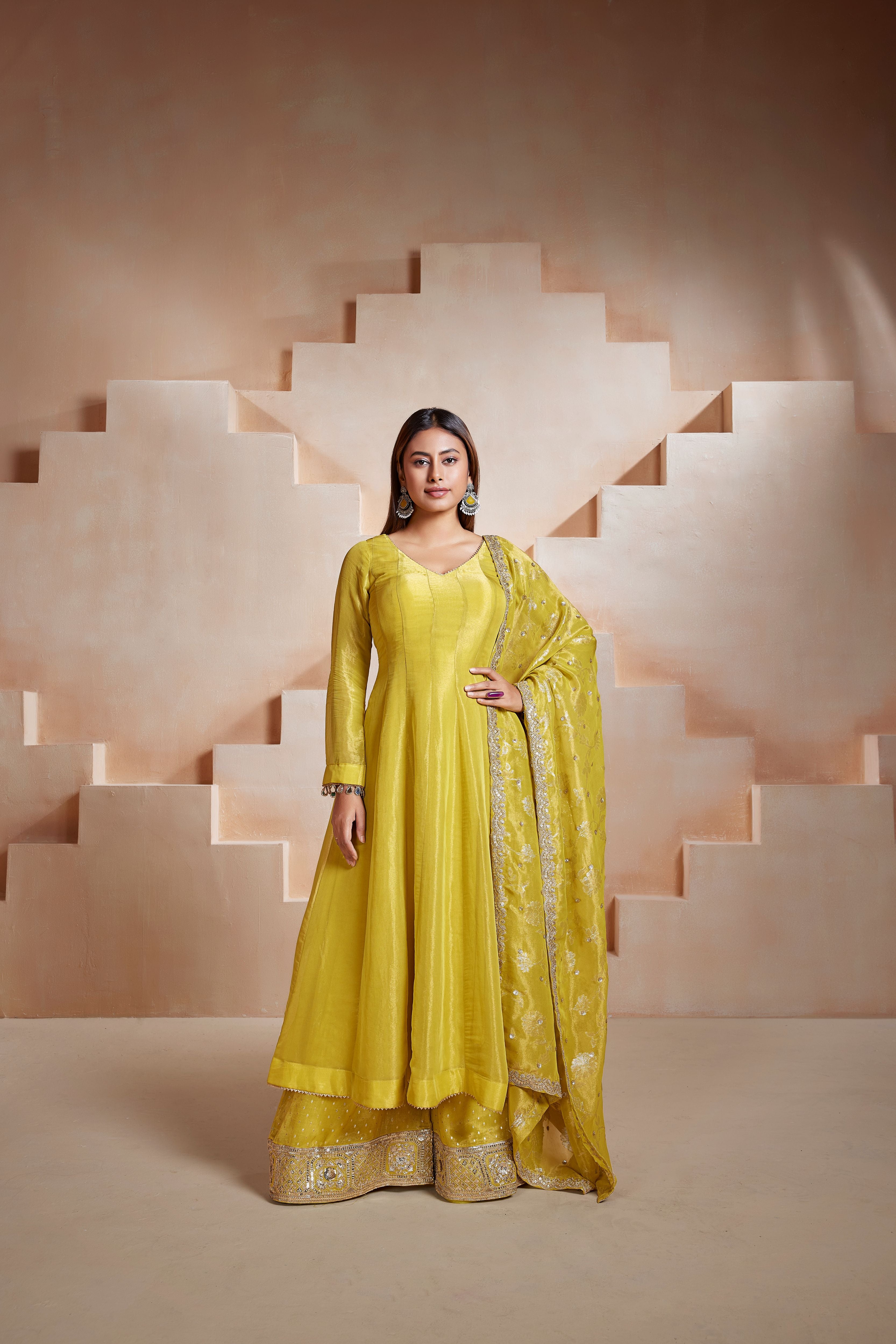 Lime Zest Embellished Tissue Silk Anarkali Set