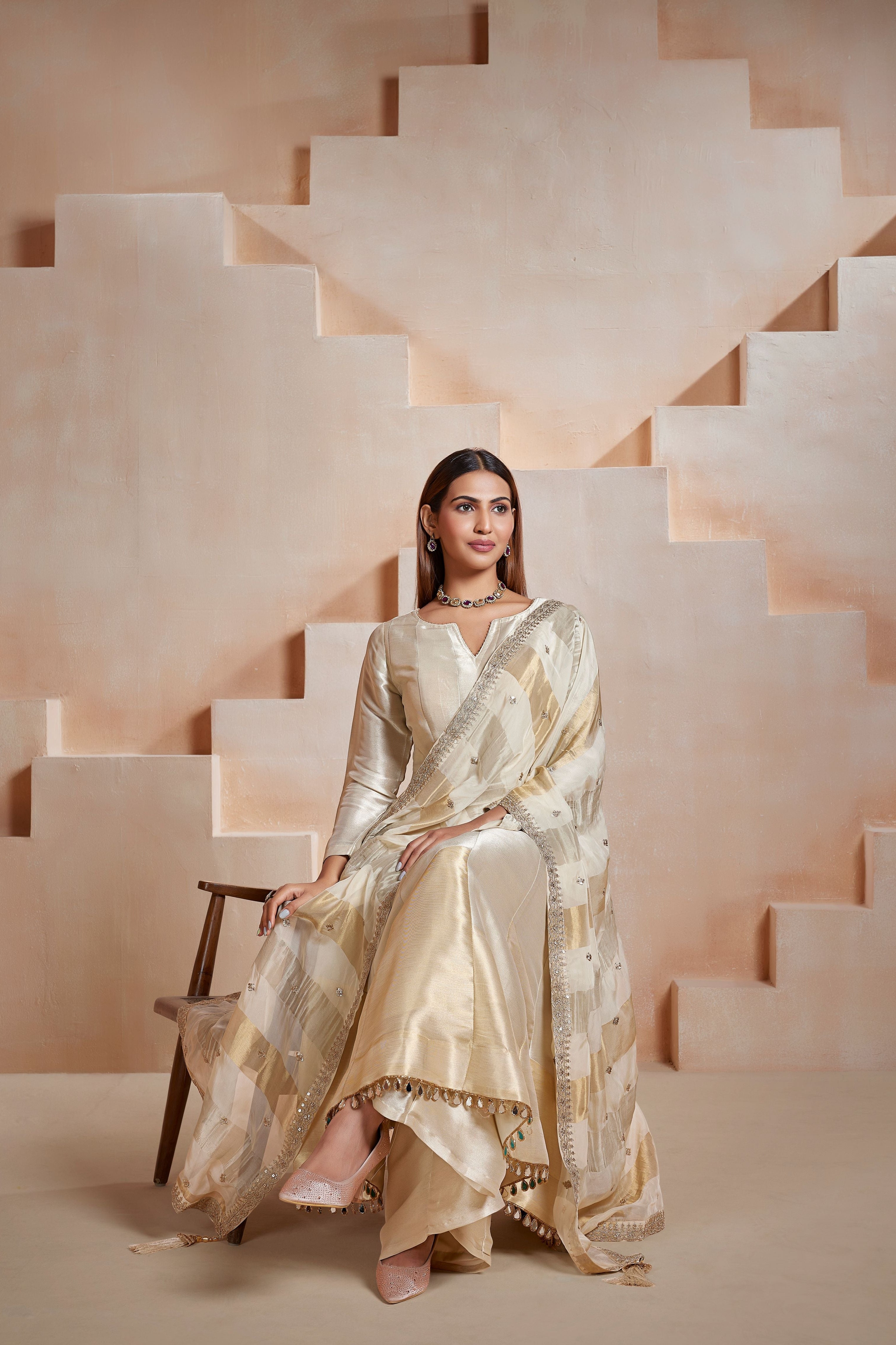 Ivory Glow Embellished Tissue Silk Anarkali Set