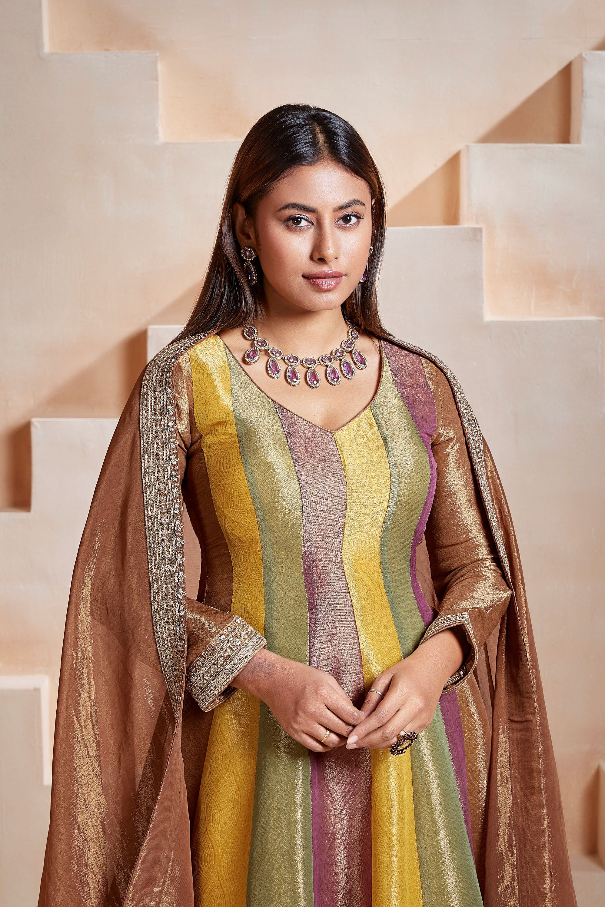 Multi-Chrome Embellished Tissue Silk Anarkali Set