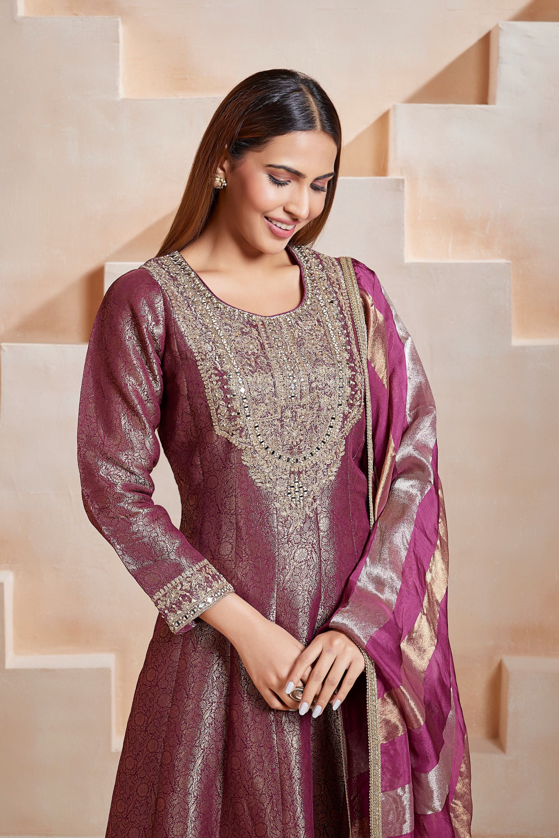Plum Glam Embellished Brocade Silk Anarkali Set