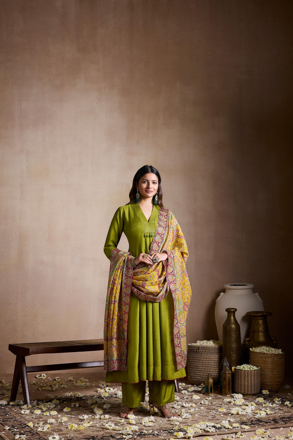 Chartreuse Embellished Mul Chanderi Silk Anarkali Set