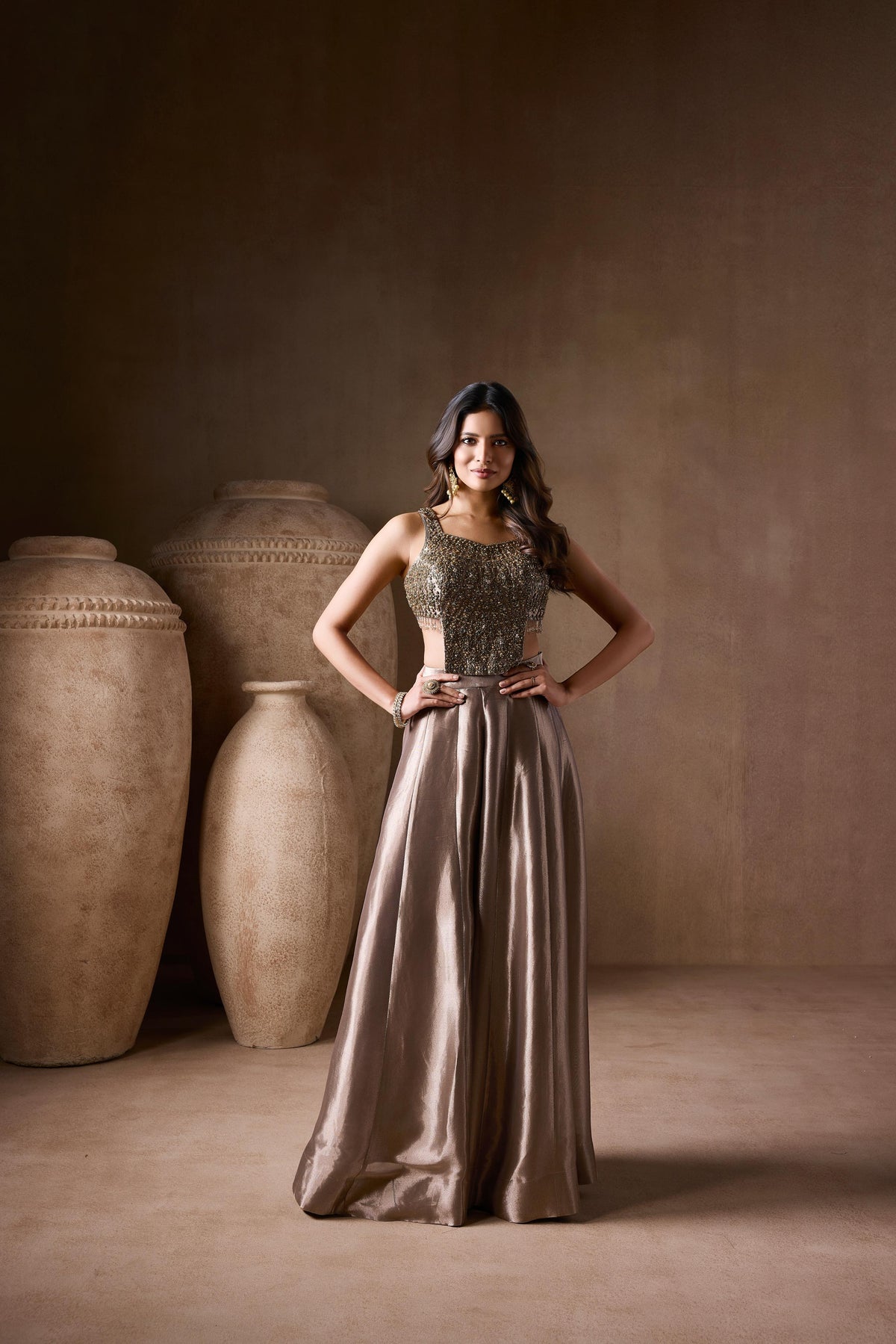 Metallic Taupe Embellished Premium Silk Palazzo Set