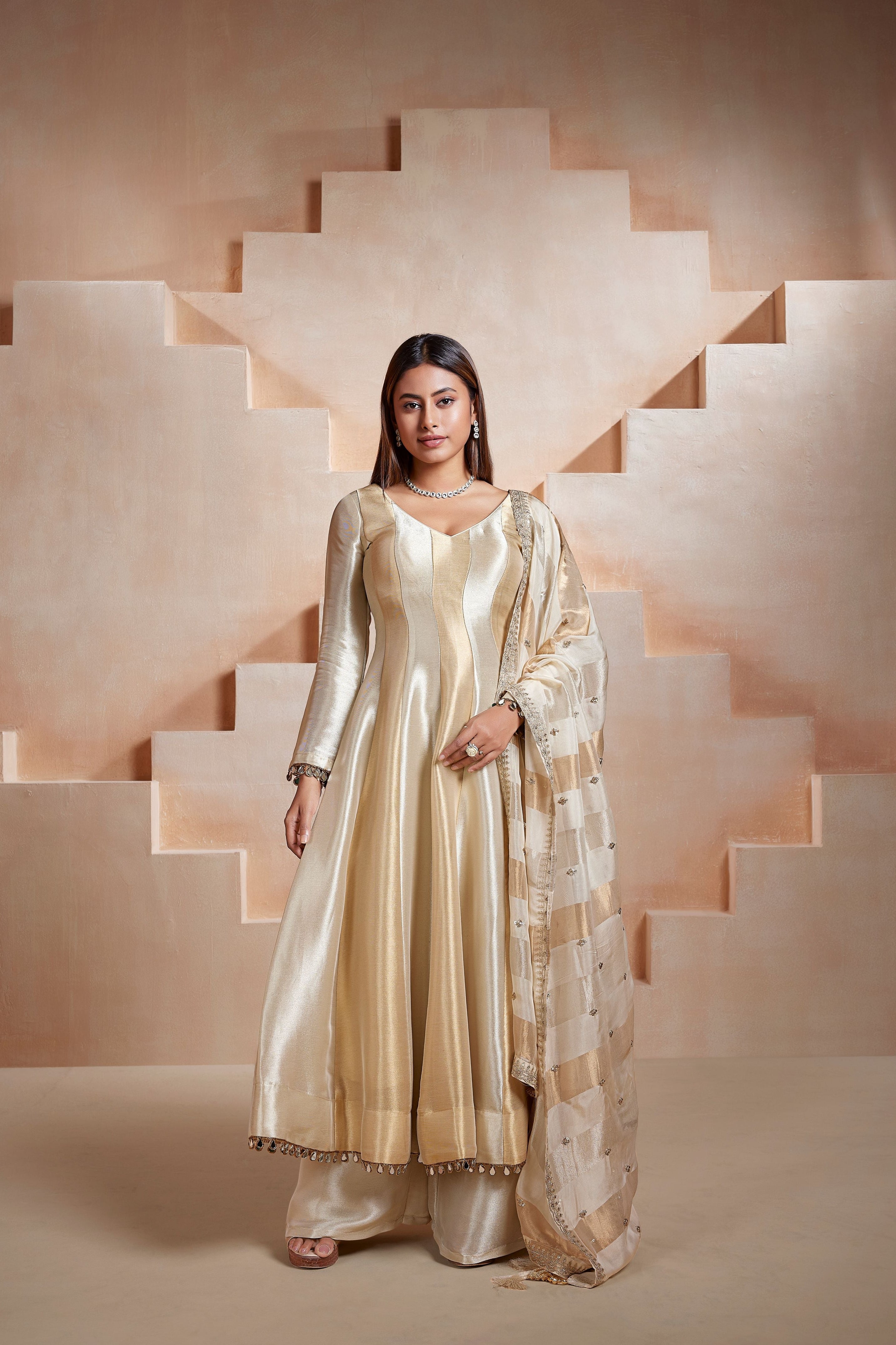 Champagne Metallic Embellished Tissue Silk Anarkali Set