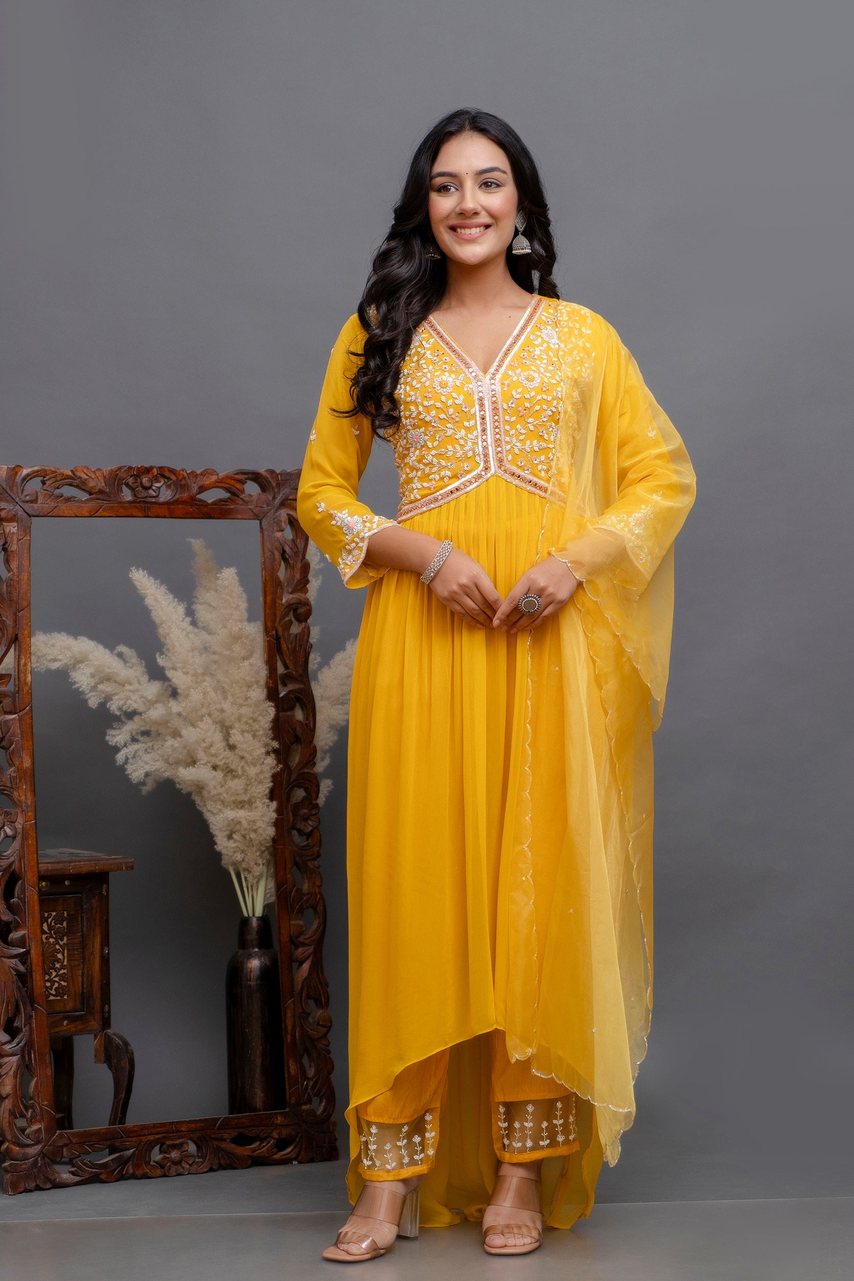 Bright Yellow Embellished Premium Georgette Silk Anarkali Set