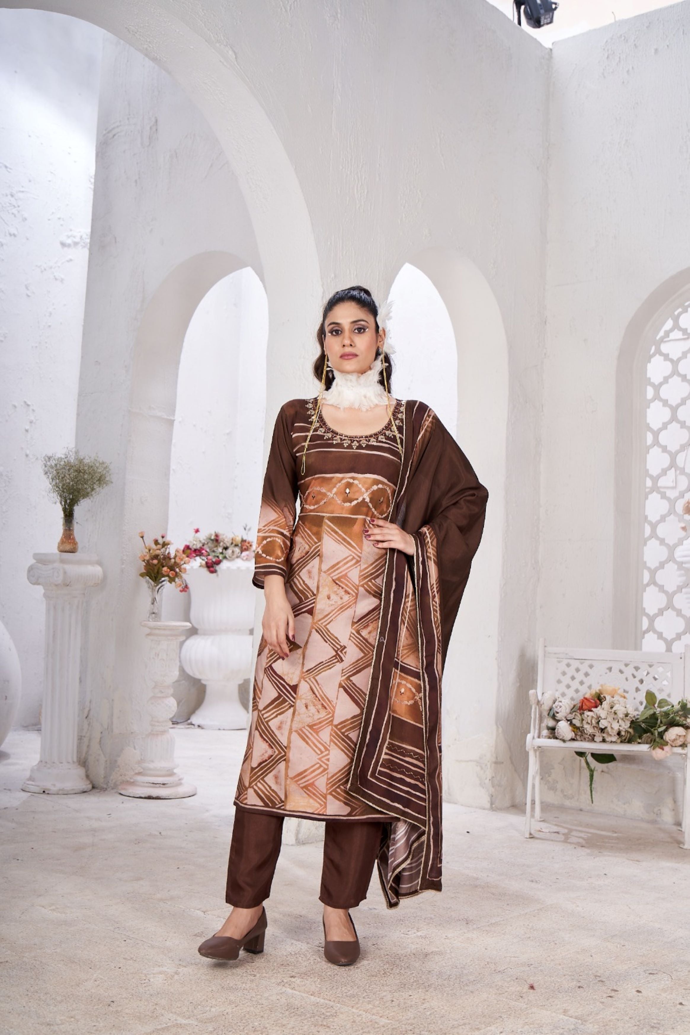 Brown Printed Crepe Silk Kurta Pant Set