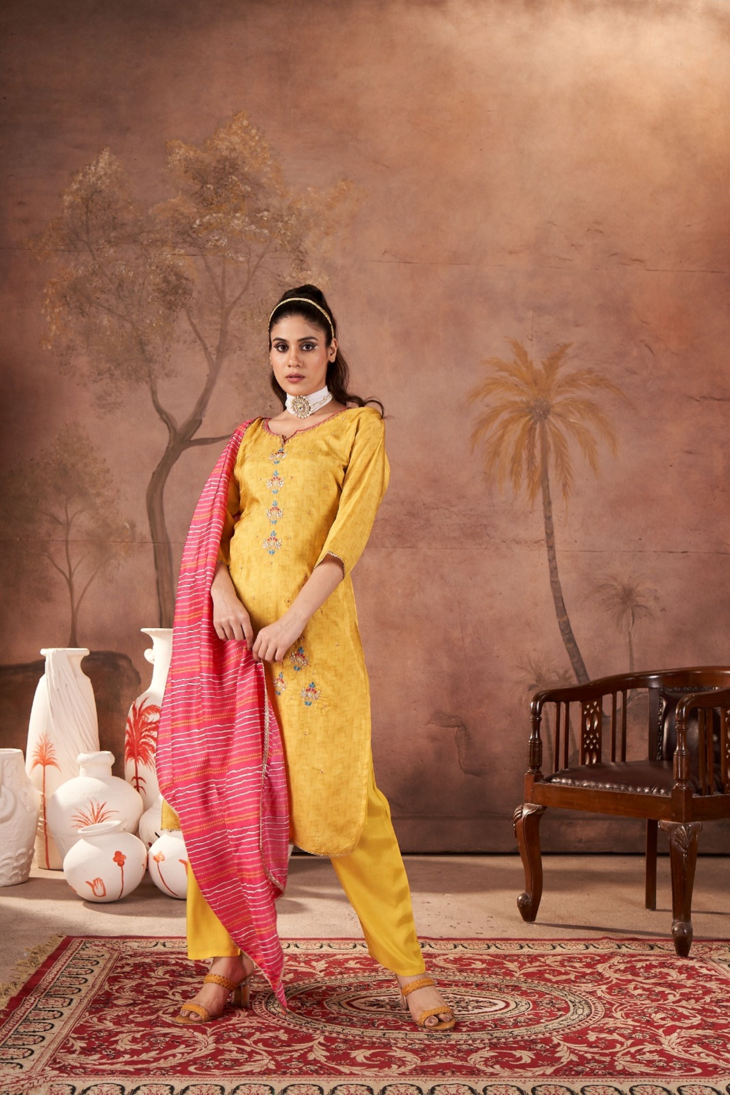 Bright Yellow Embellished Shimmer Tissue Silk Kurta Pant Set