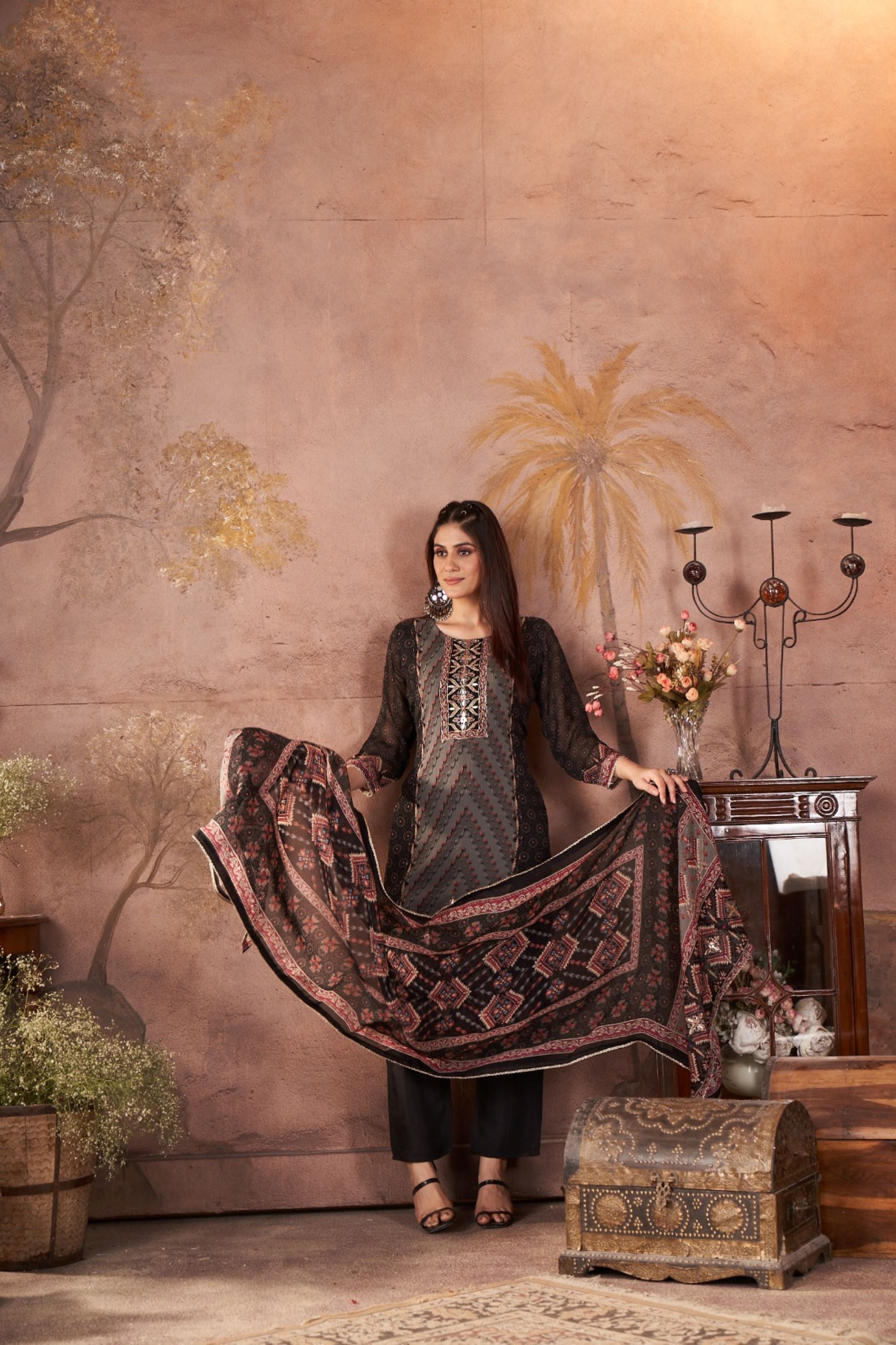 Black Digital Printed Crepe Silk Kurta Pant Set