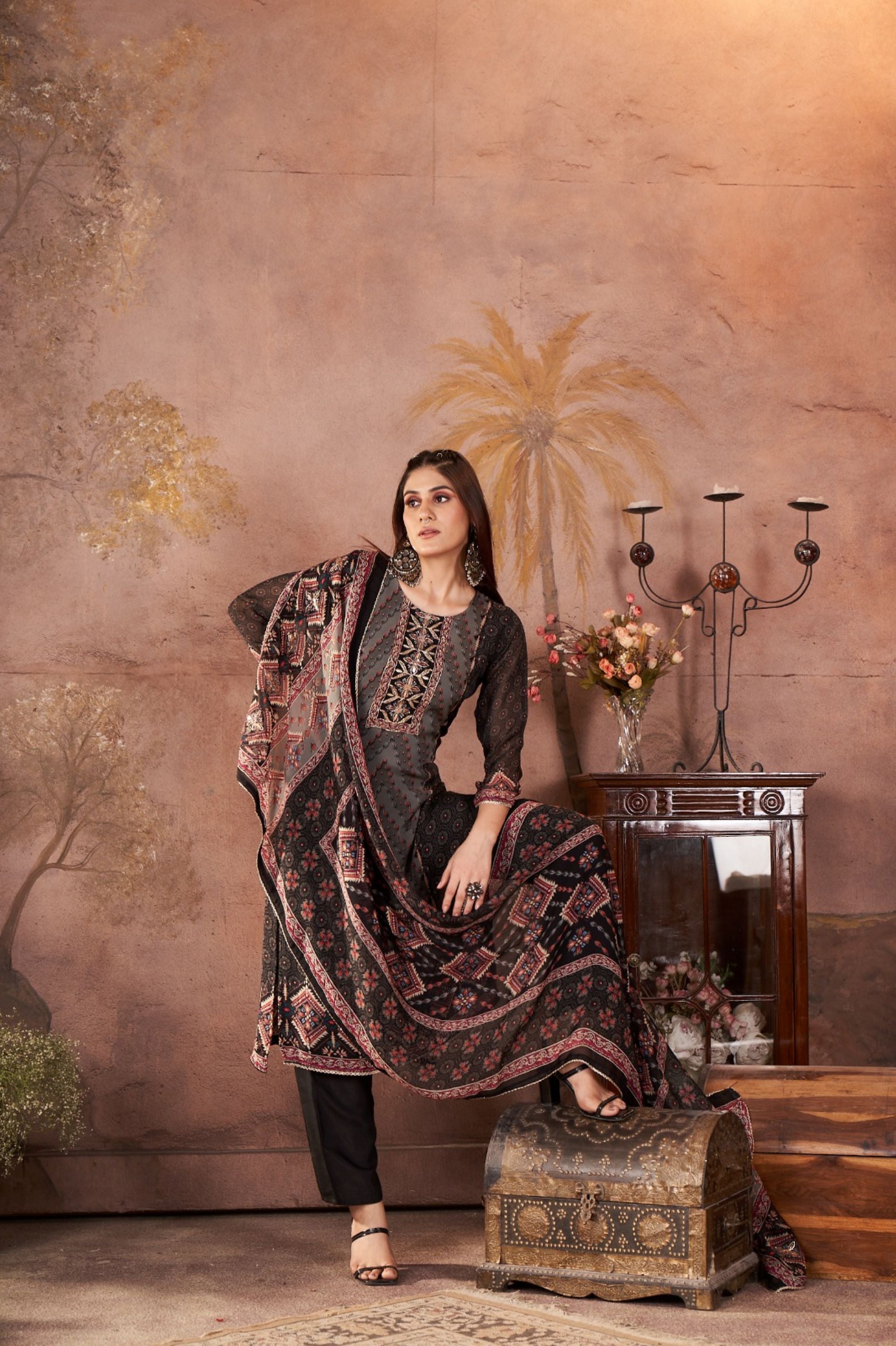 Black Digital Printed Crepe Silk Kurta Pant Set