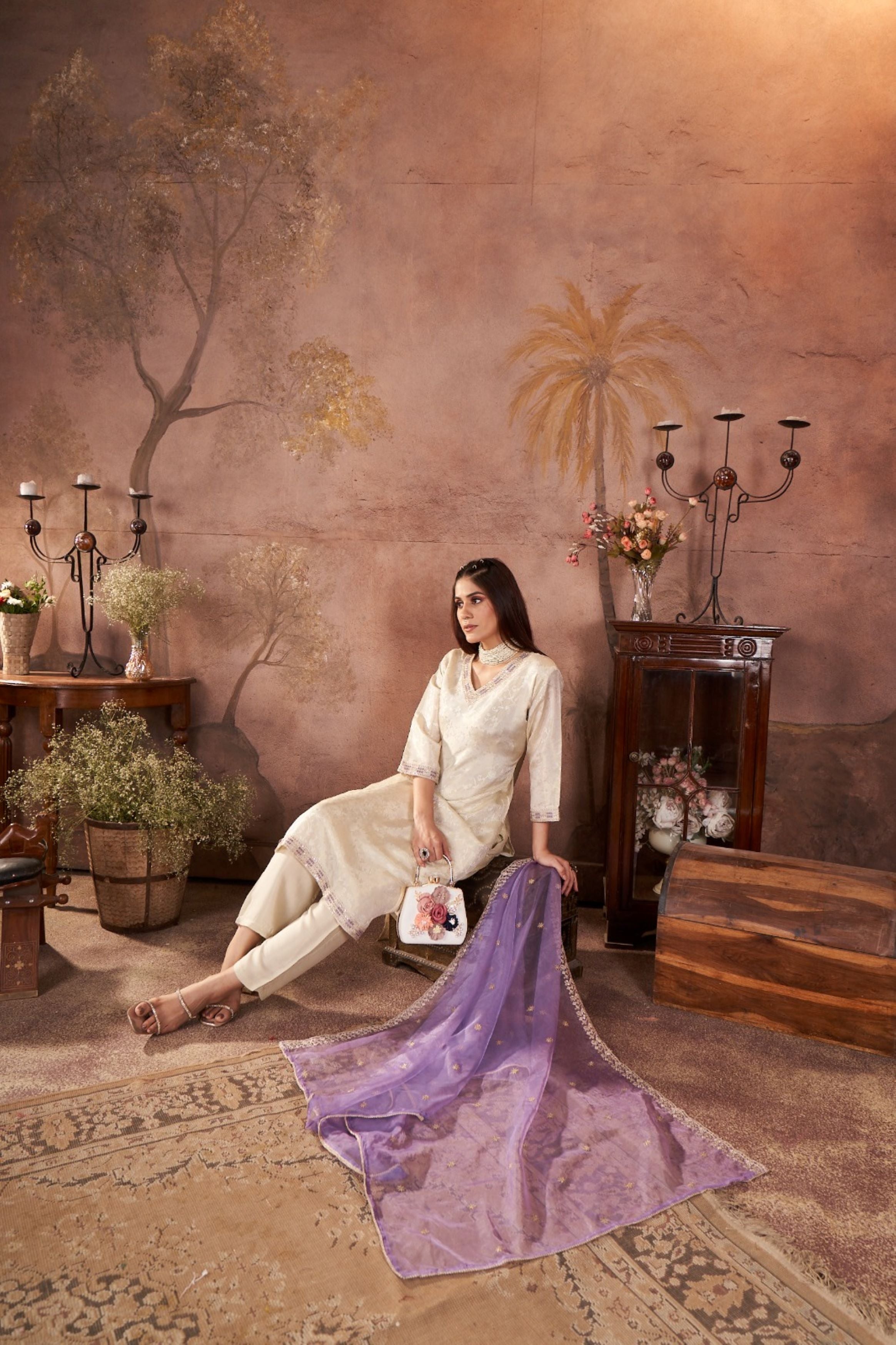 Ivory Embellished Shimmer Silk Kurta Pant Set