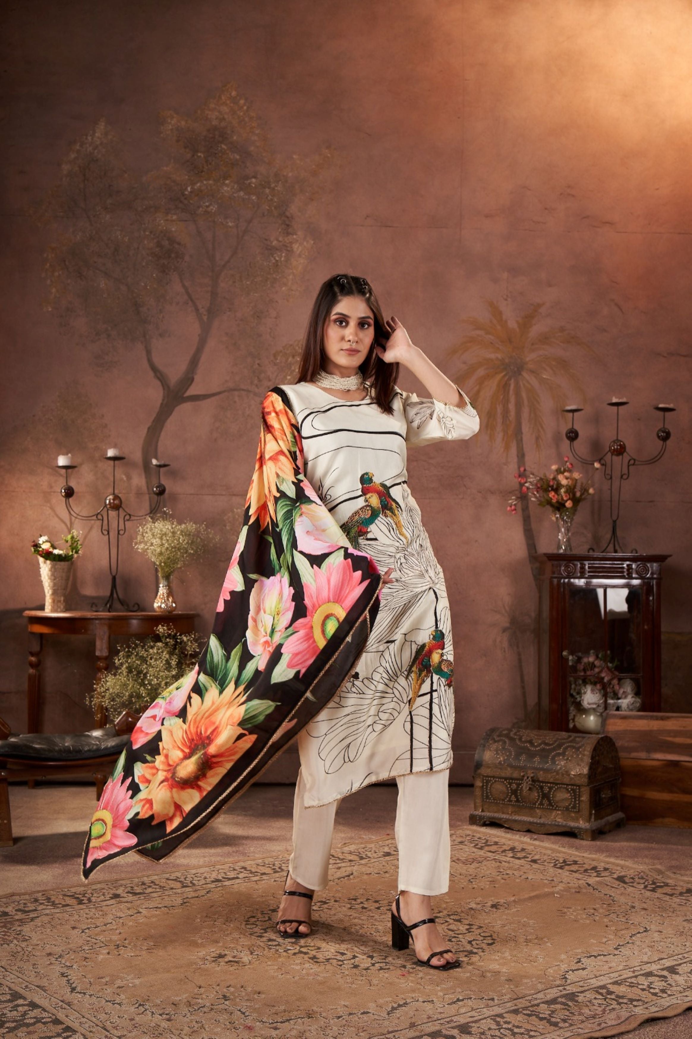 Off White Digital Printed Muslin Silk Kurta Pant Set