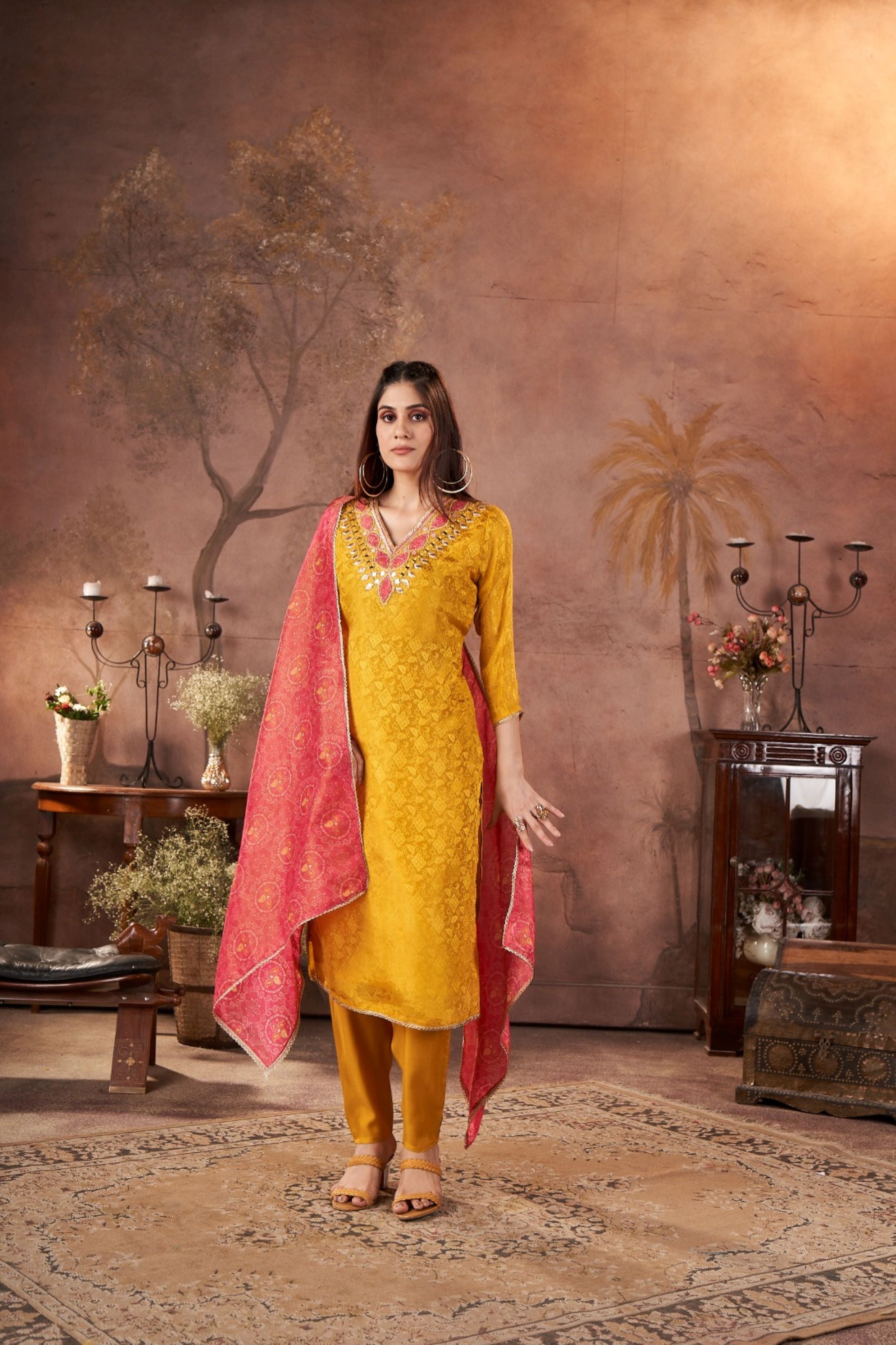 Yellow Embellished Tissue Silk Kurta Pant Set