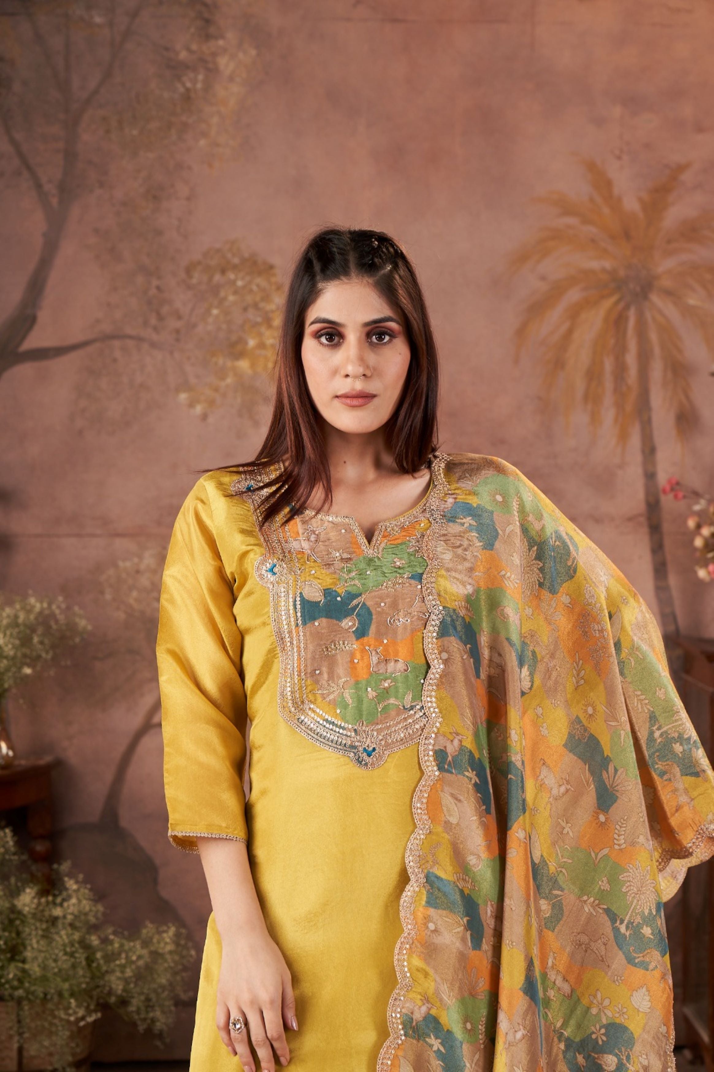 Bright Yellow Embellished Tissue Silk Kurta Pant Set