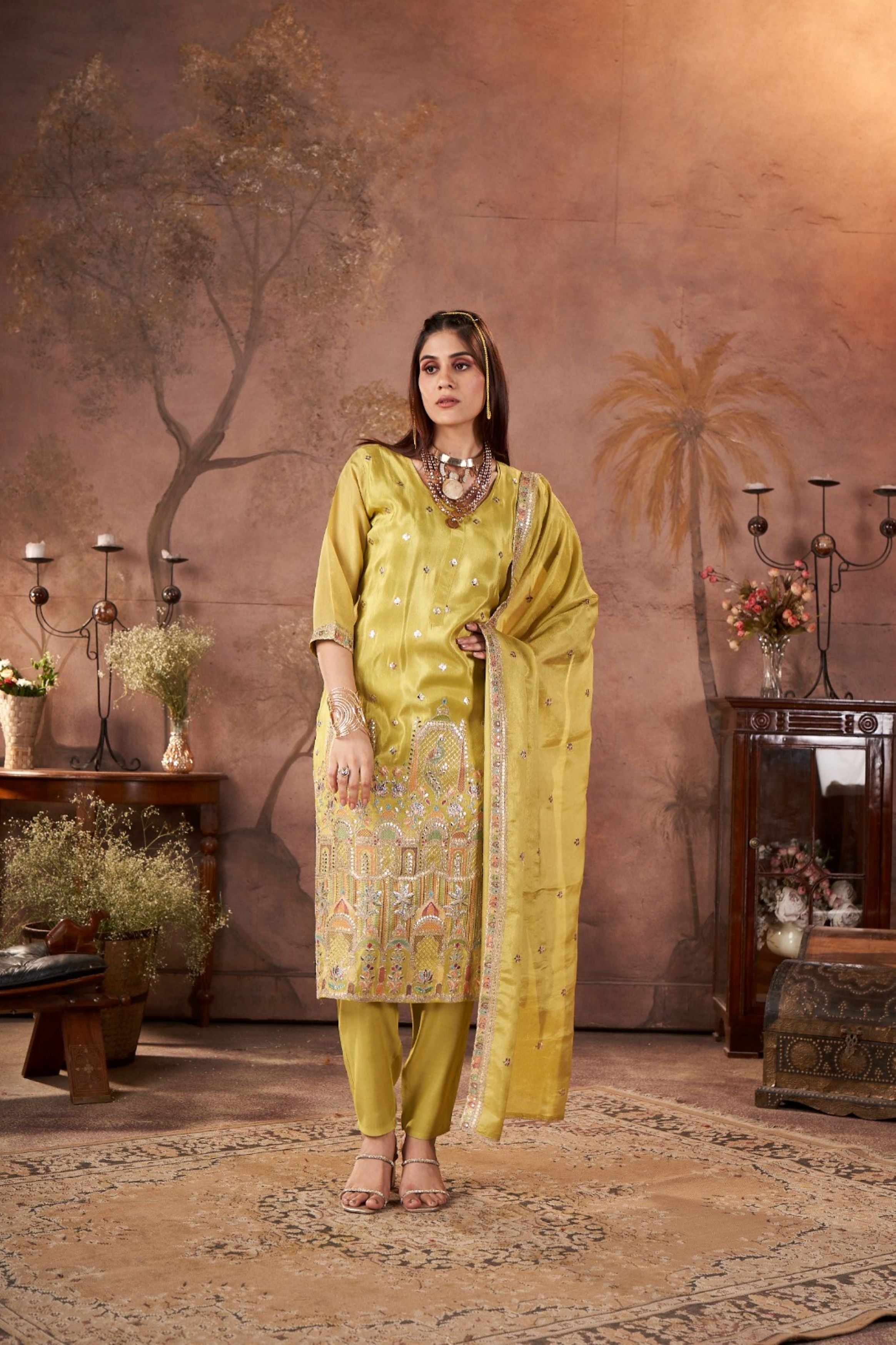 Pear Green Embellished Glass Tissue Silk Kurta Pant Set