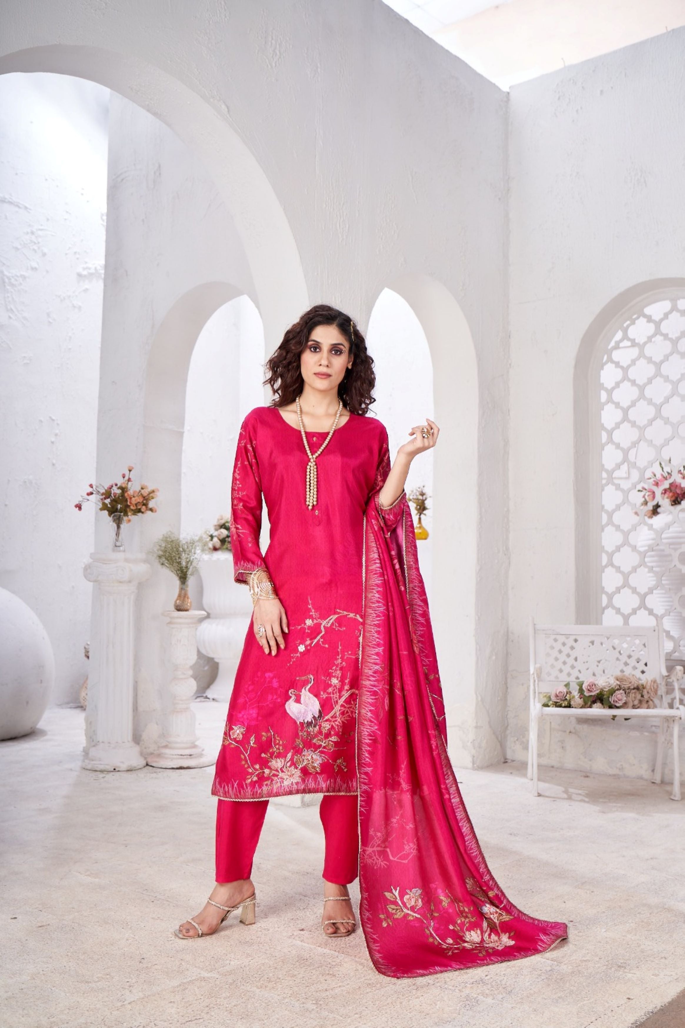 Pink Digital Printed Shimmer Tissue Silk Kurta Pant Set