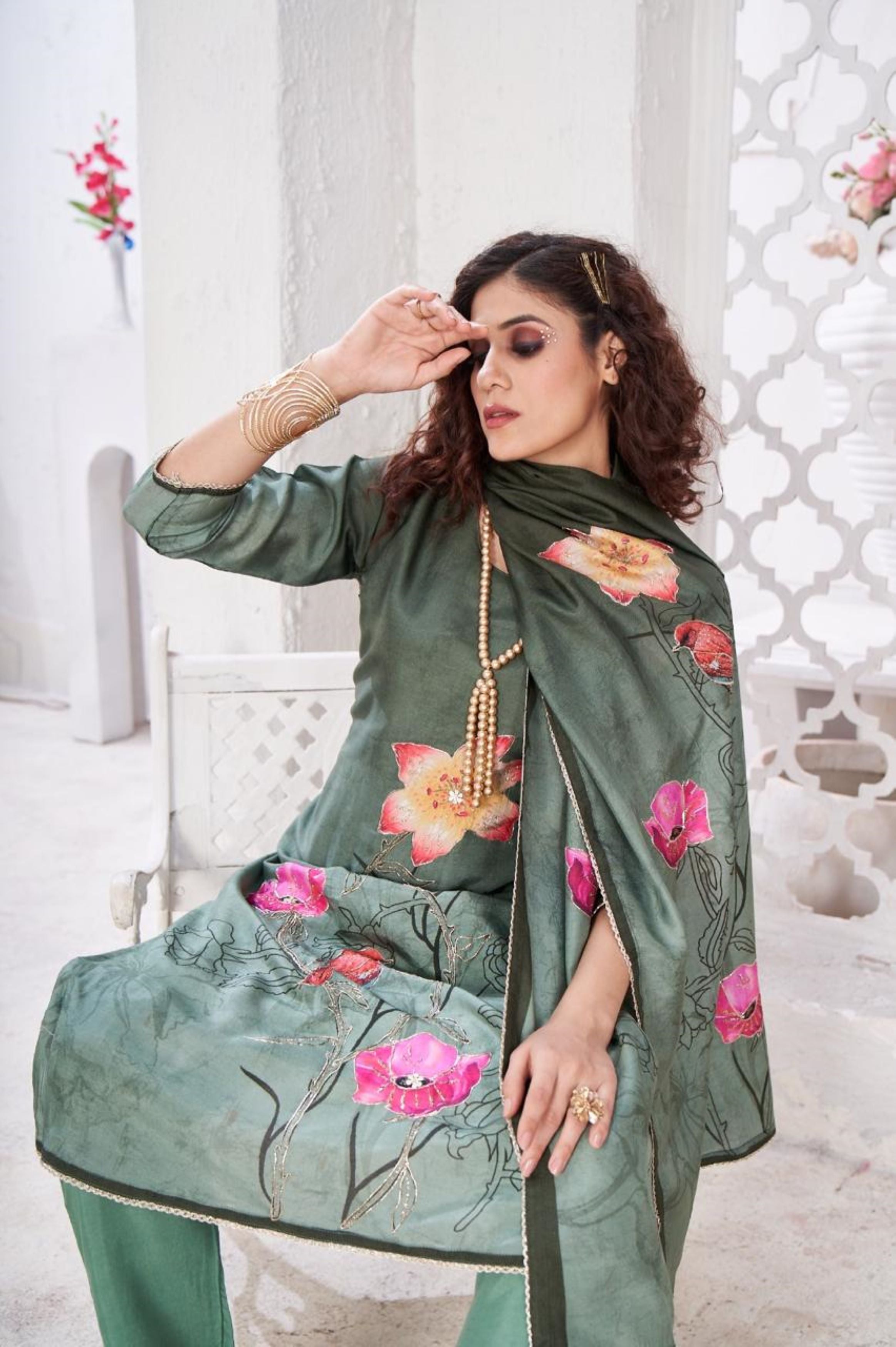 Olive Green Floral Printed Glass Tissue Silk Kurta Pant Set