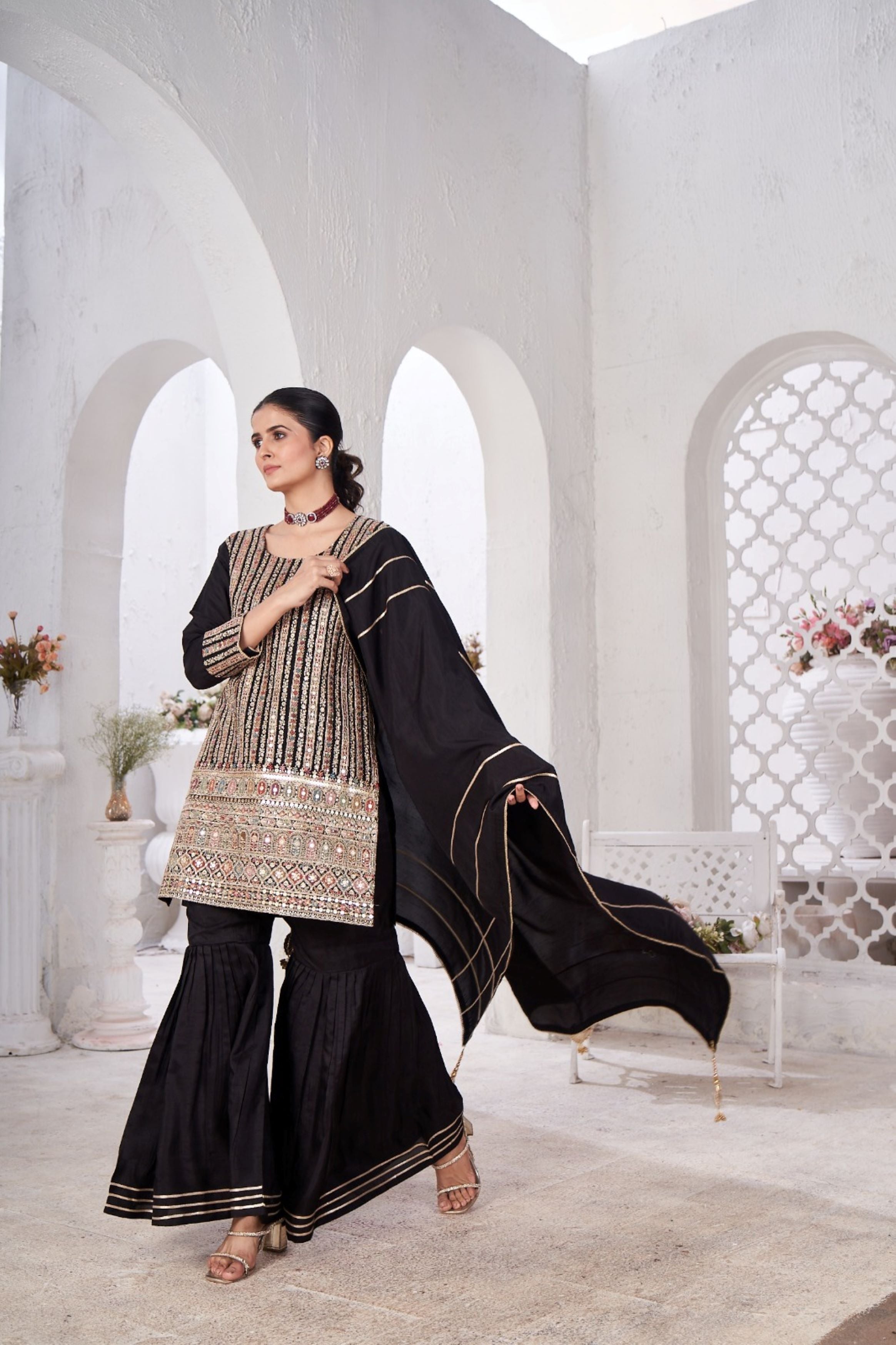 Hot Black Embellished Glass Tissue Silk Sharara Set