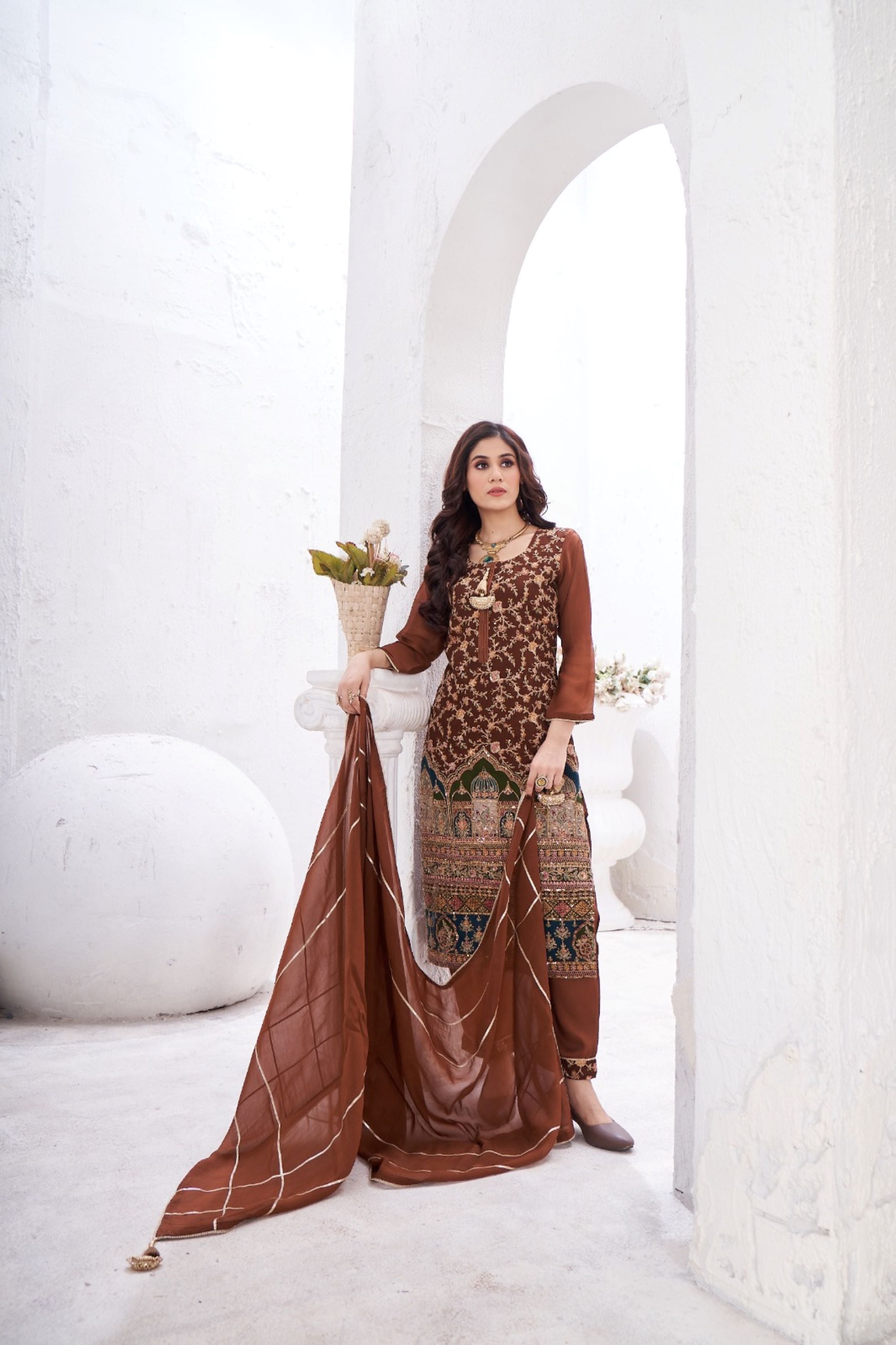 Brown Embellished Georgette Silk Kurta Pant Set