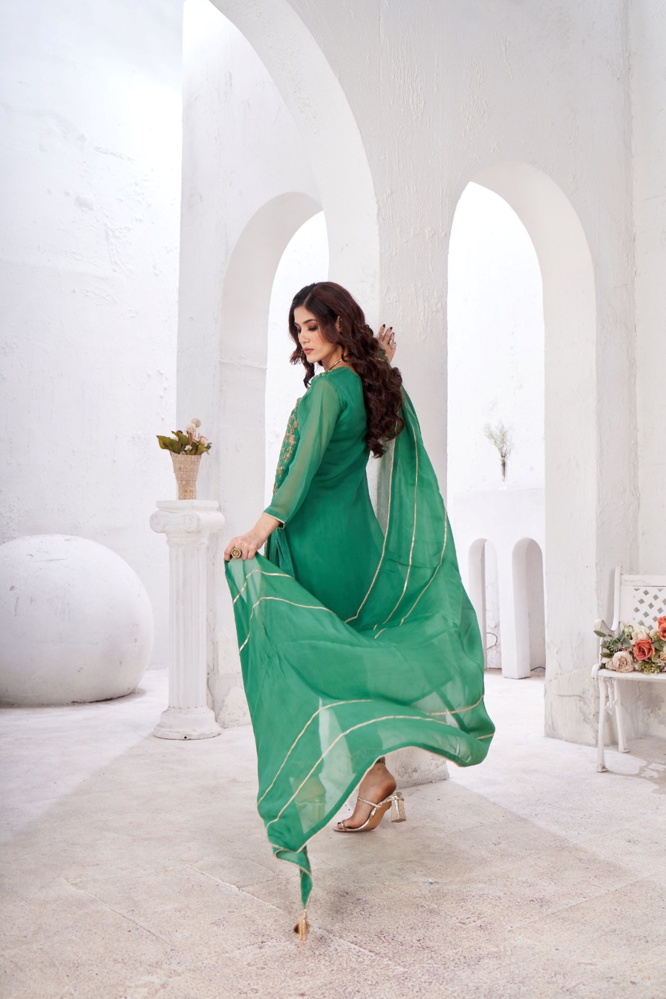 Green Embellished Georgette Silk Kurta Pant Set