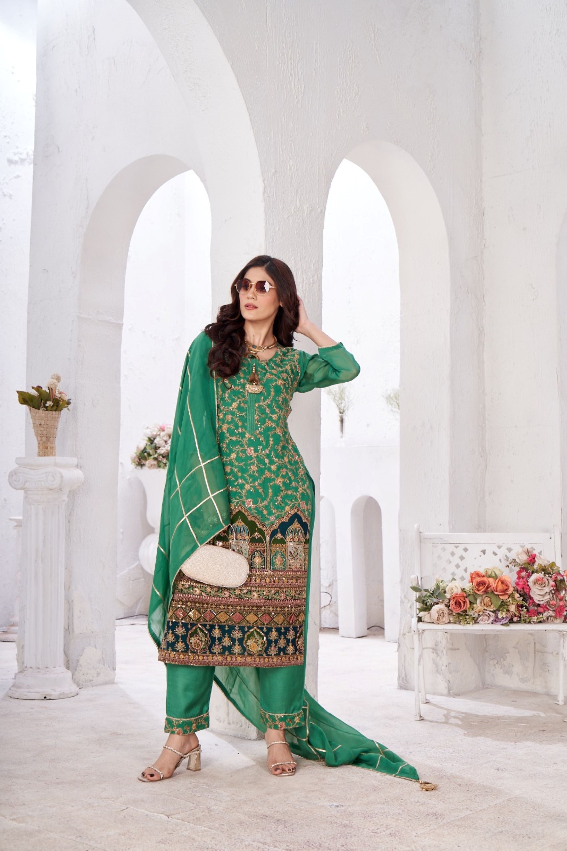 Green Embellished Georgette Silk Kurta Pant Set