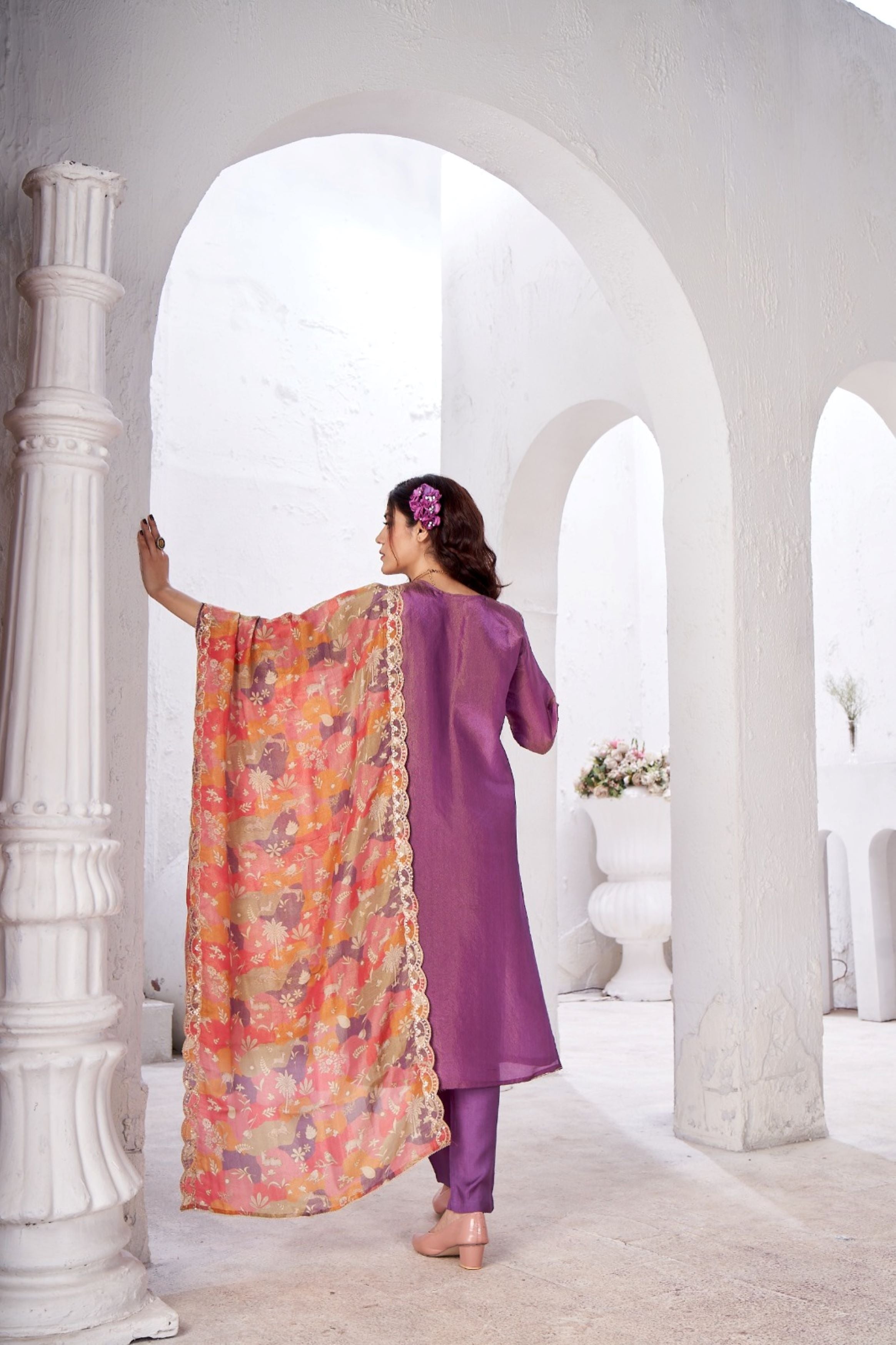 Pastel Purple Embellished Glass Tissue Silk Kurta Pant Set