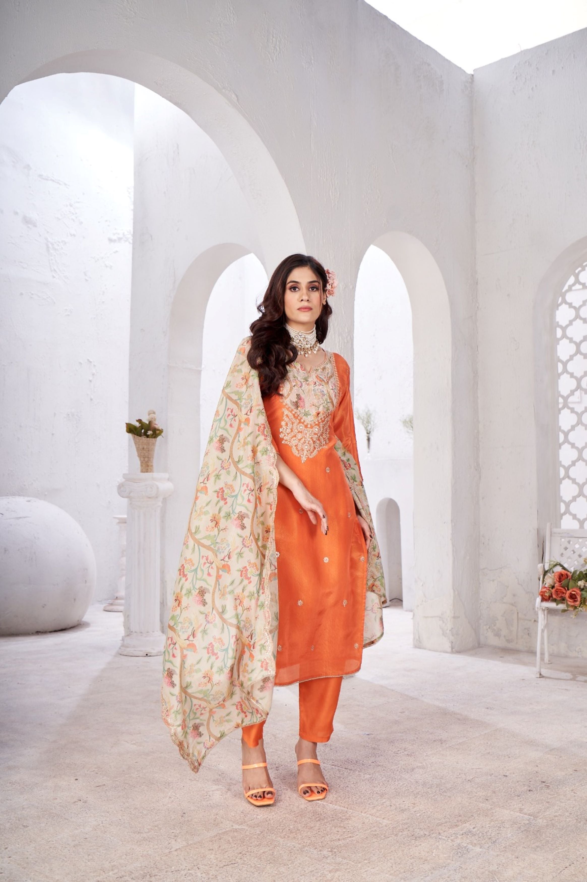 Bright Orange Embellished Shimmer Silk Pant Kurta Set