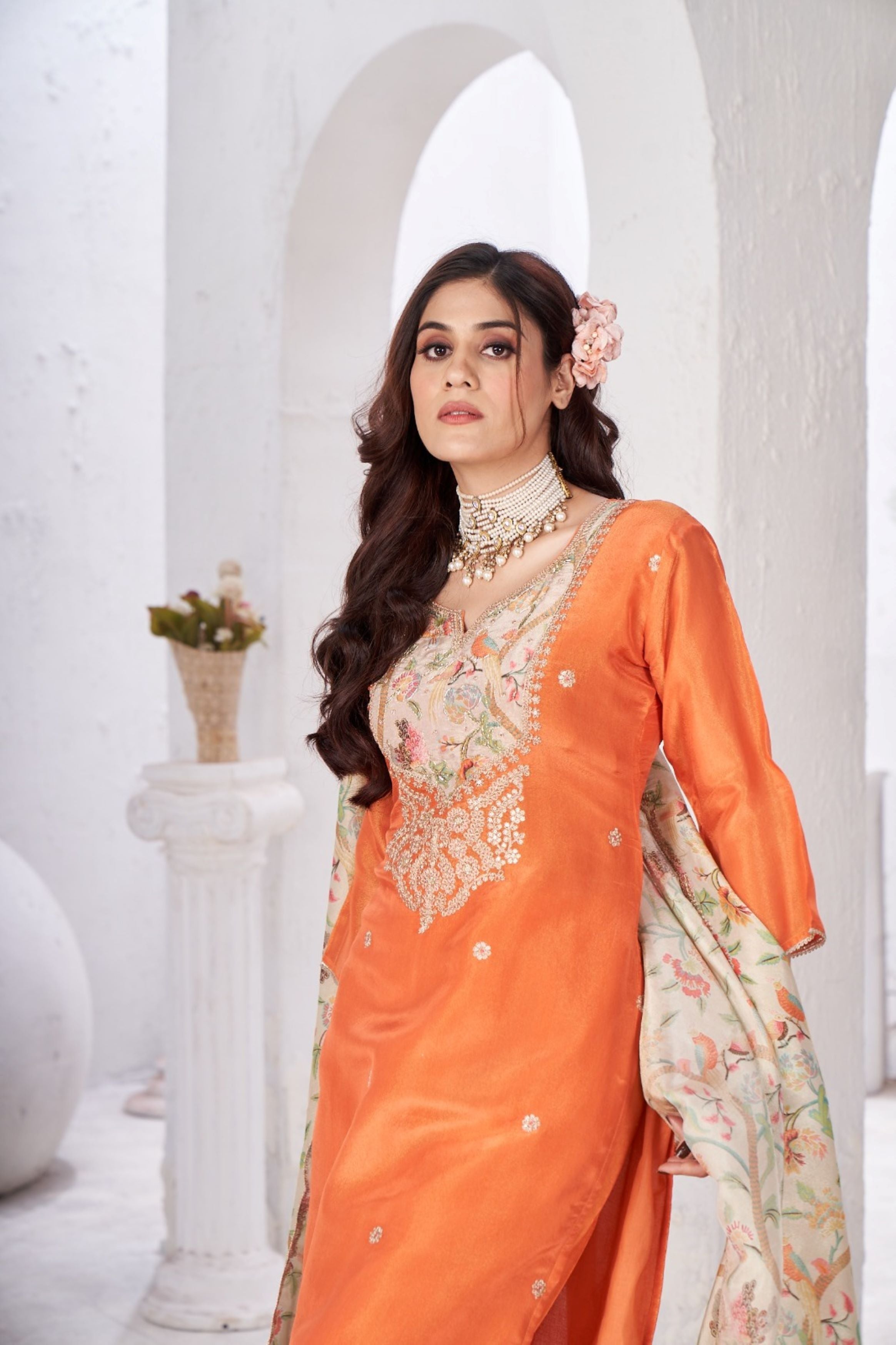 Bright Orange Embellished Shimmer Silk Pant Kurta Set