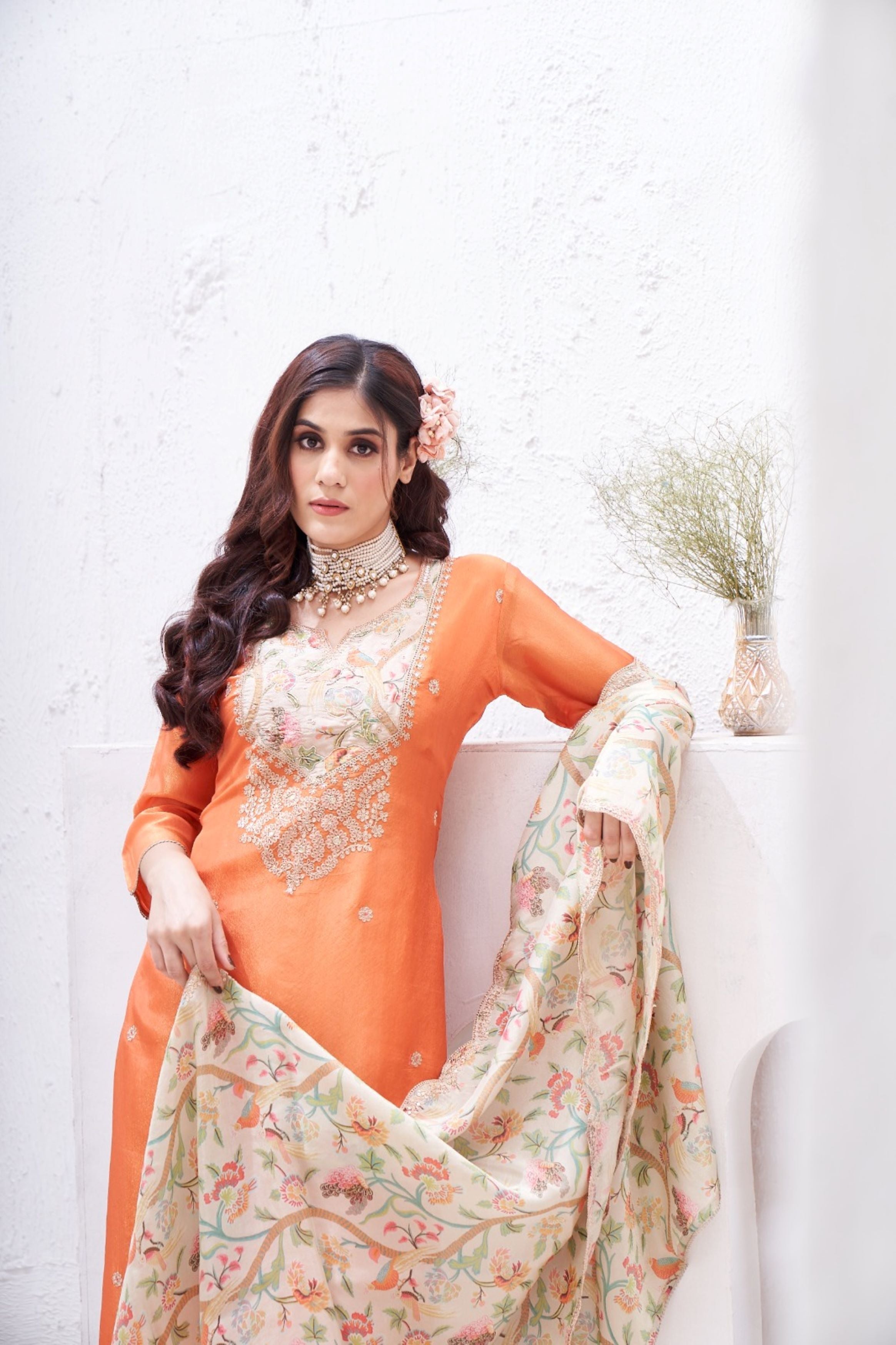 Bright Orange Embellished Shimmer Silk Pant Kurta Set