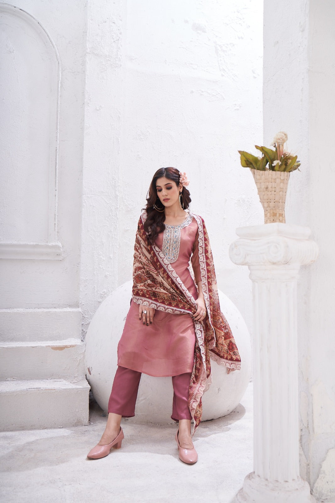 Blush Pink Embellished Shimmer Tissue Silk Kurta Pant Set