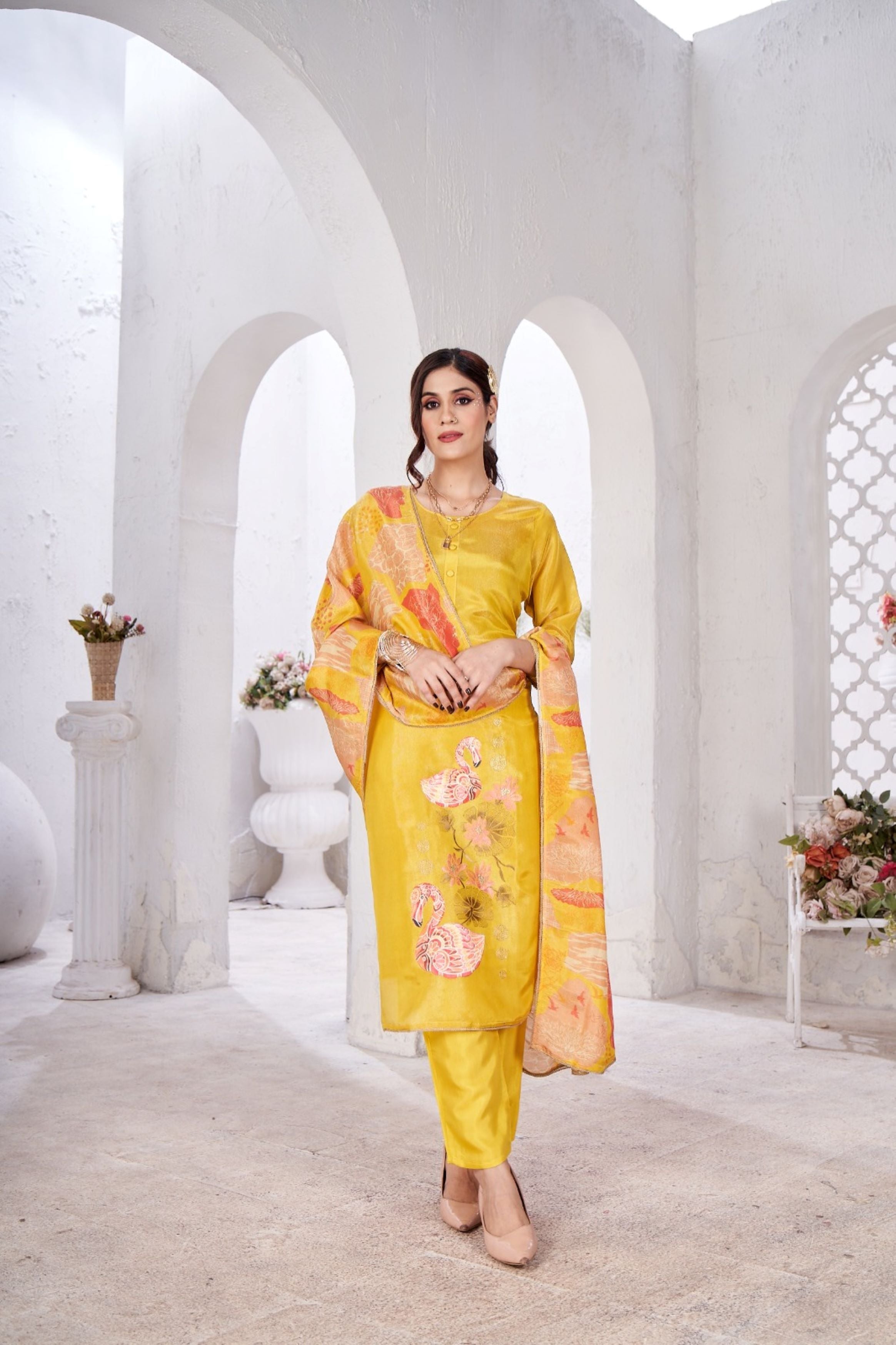 Bright Yellow Embellished Tissue Silk Kurta Pant Set