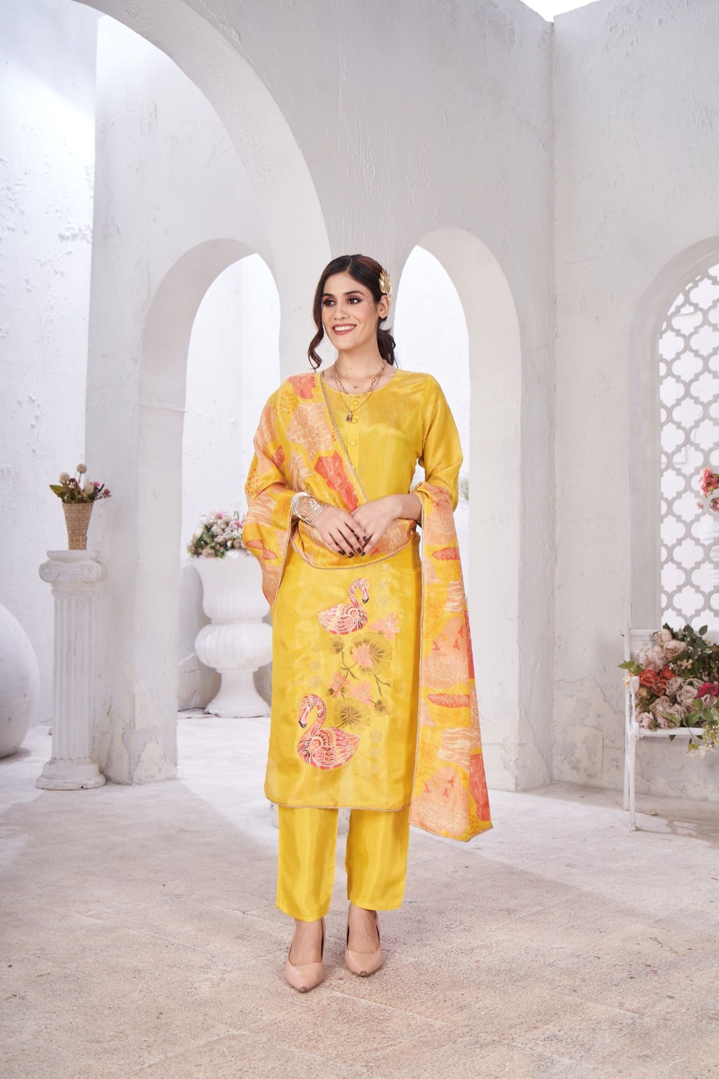 Bright Yellow Embellished Tissue Silk Kurta Pant Set