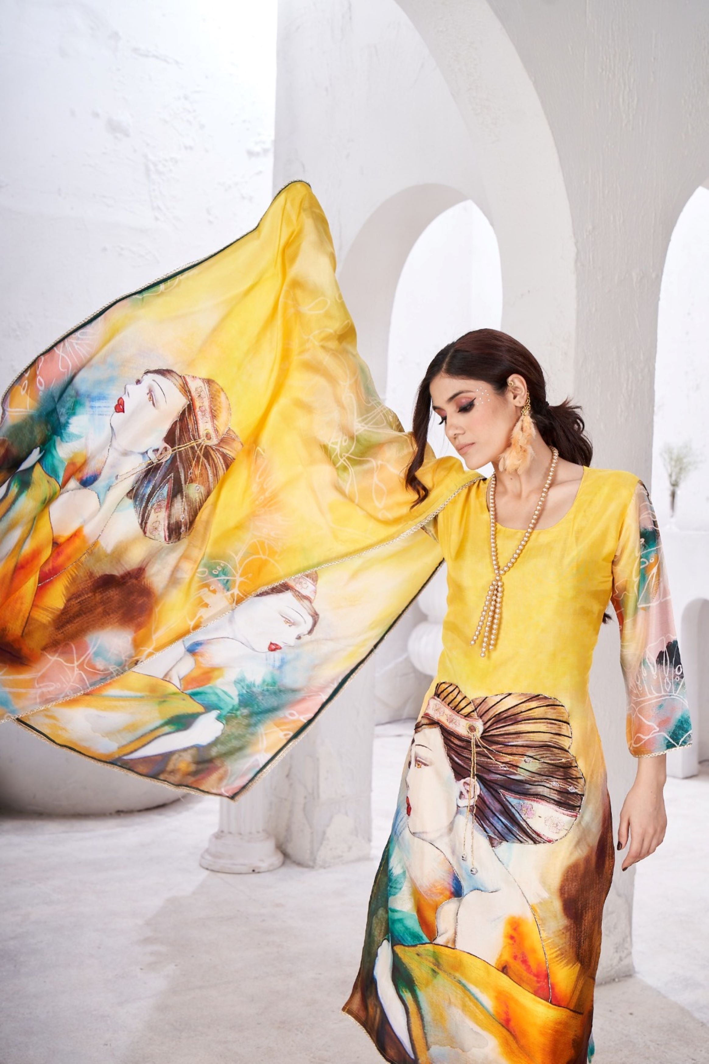 Yellow Printed Tissue Silk Kurta Pant Set