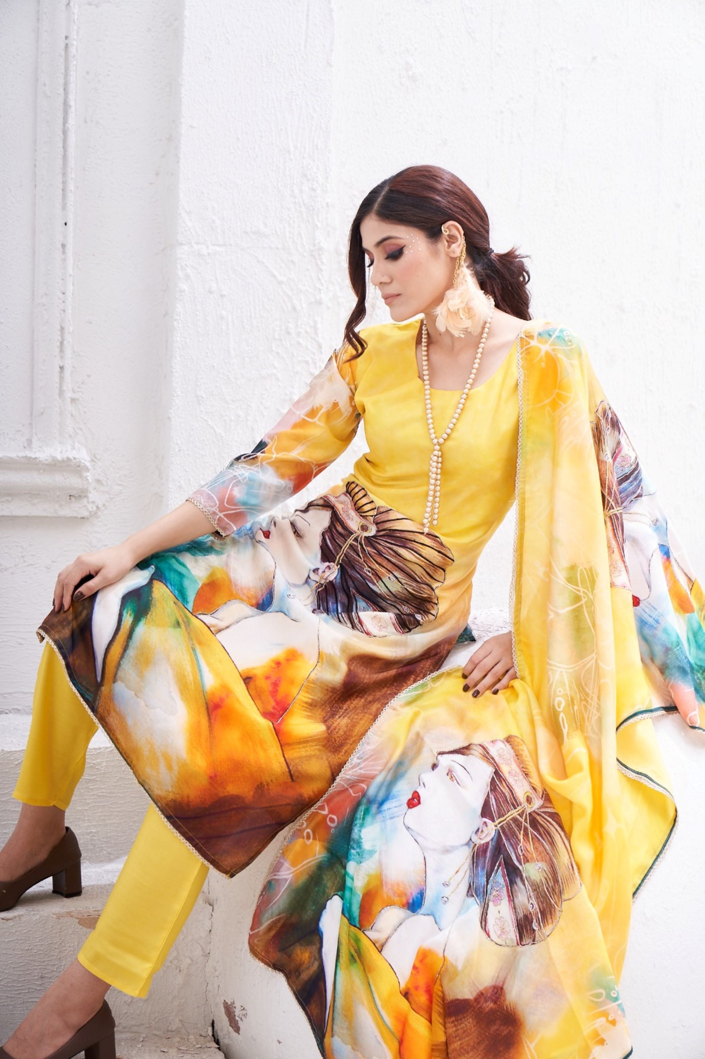 Yellow Printed Tissue Silk Kurta Pant Set