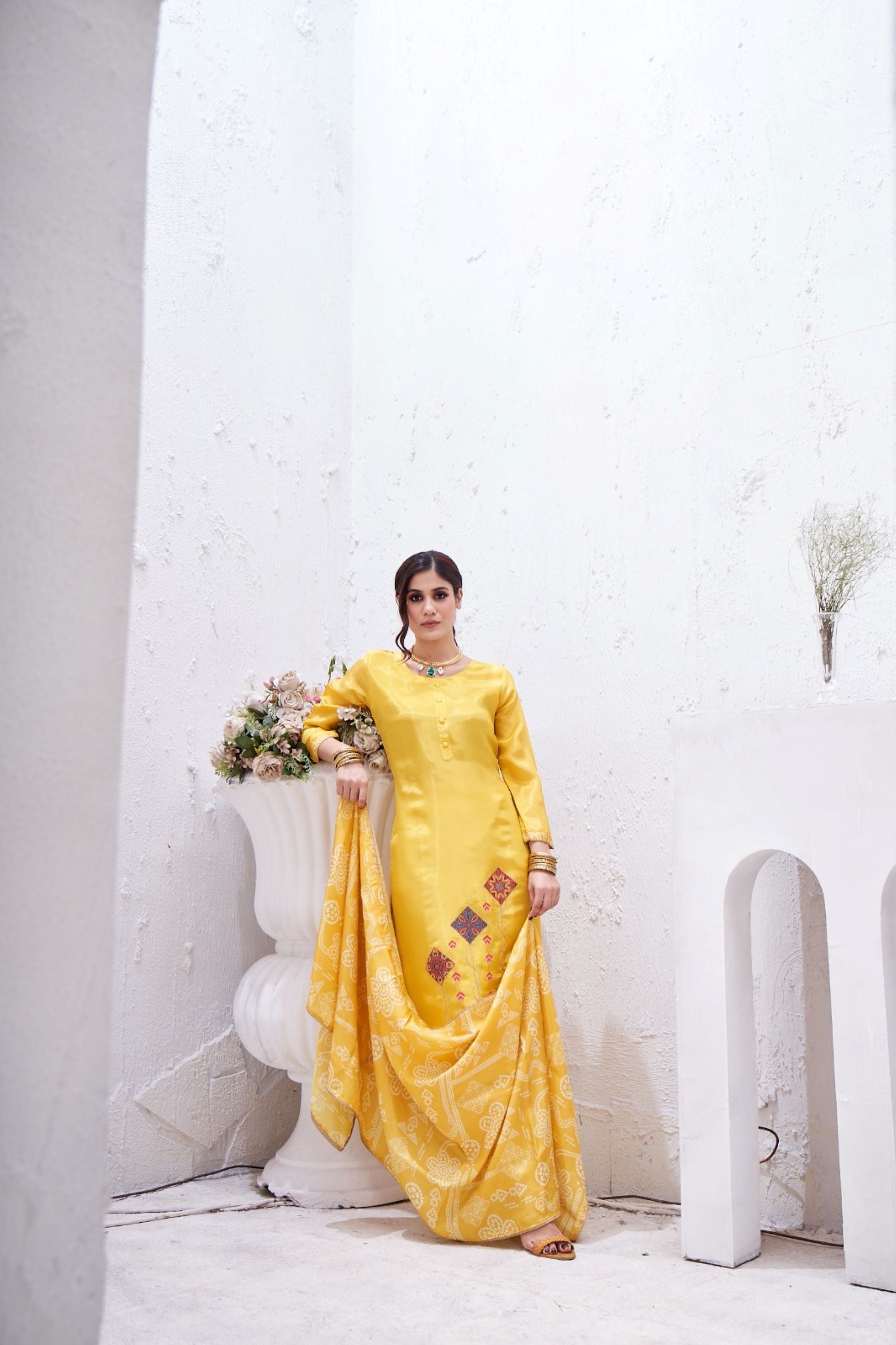 Bright Yellow Embellished Shimmer Silk Kurta Pant Set