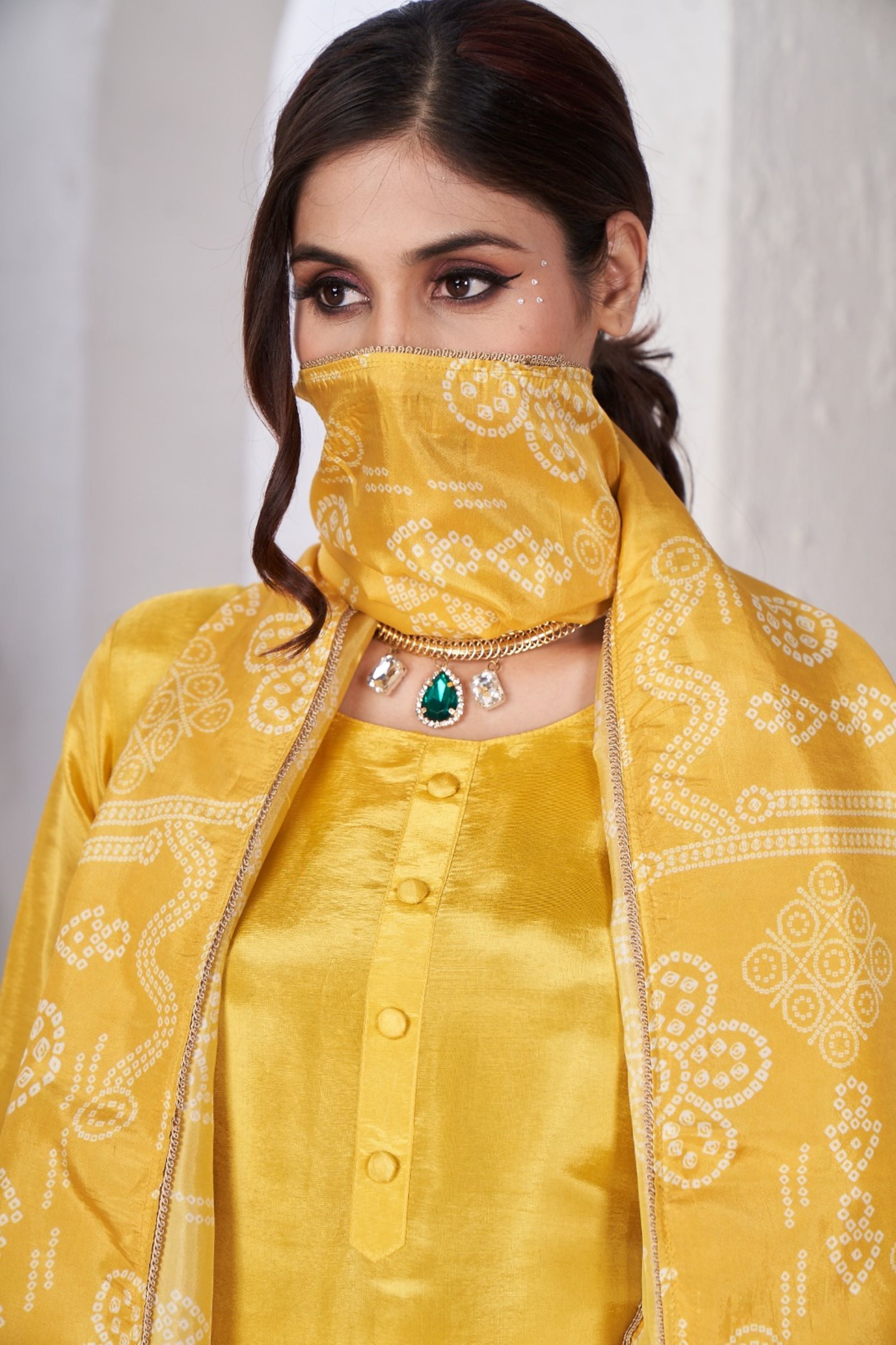 Bright Yellow Embellished Shimmer Silk Kurta Pant Set